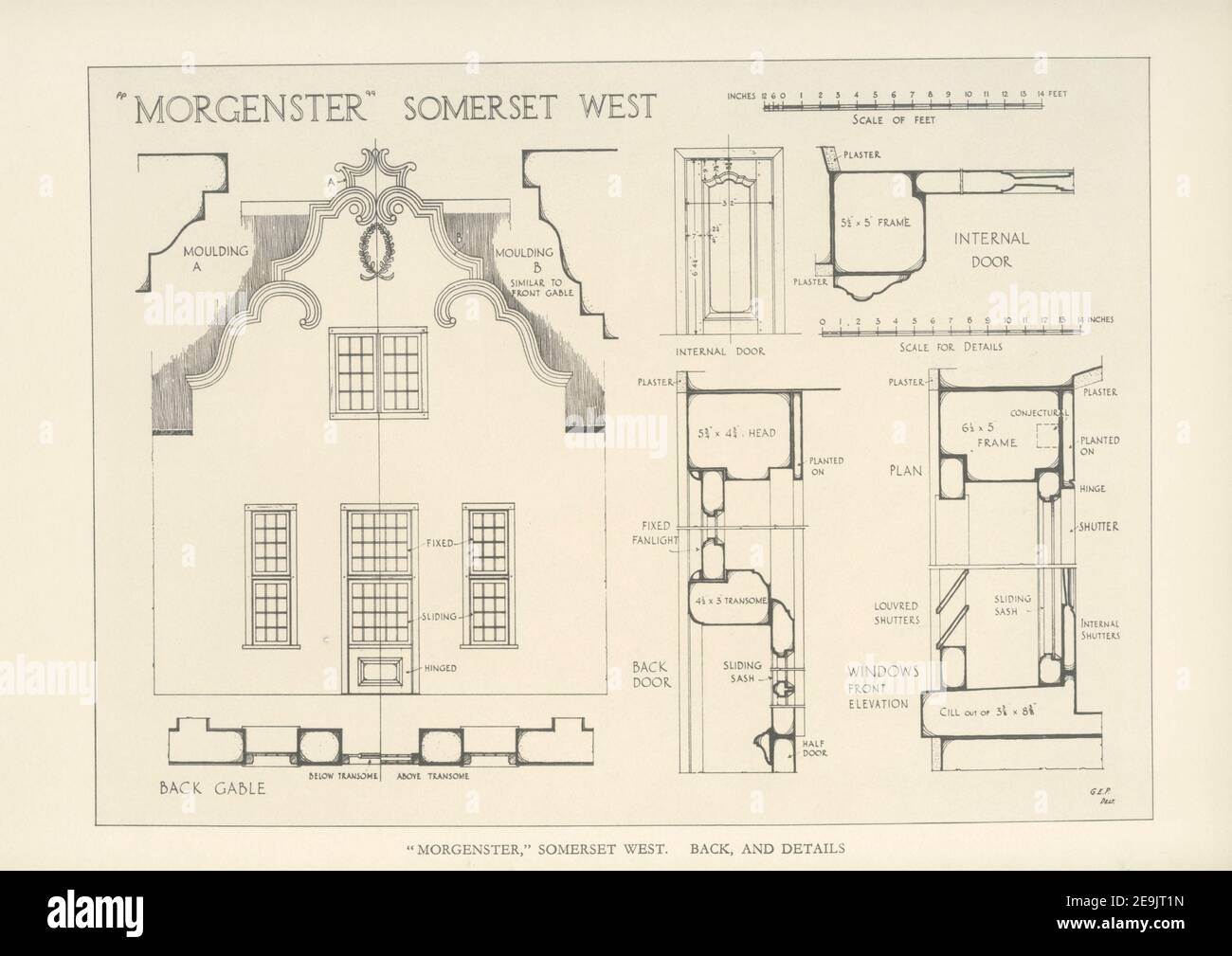 Morgenster Somerset West [Back and Details] From the book ' Eighteenth century architecture in South Africa ' by Geoffrey Eastcott Pearse. Published by A.A. Balkema, Cape Town in 1933 G. E. Pearse was among the first to bring Cape architecture to a wide audience in a scholarly way. Eighteenth Century Architecture in South Africa was the result of many years research on the topic and remains an important reference work for the subject. Stock Photo