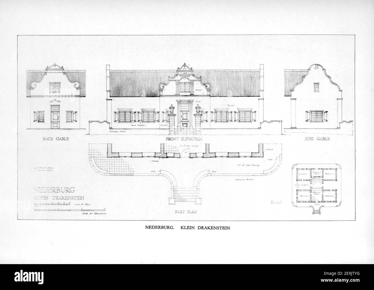 Nederburg, Klein Drakenstein From the book ' Eighteenth century architecture in South Africa ' by Geoffrey Eastcott Pearse. Published by A.A. Balkema, Cape Town in 1933 G. E. Pearse was among the first to bring Cape architecture to a wide audience in a scholarly way. Eighteenth Century Architecture in South Africa was the result of many years research on the topic and remains an important reference work for the subject. Stock Photo