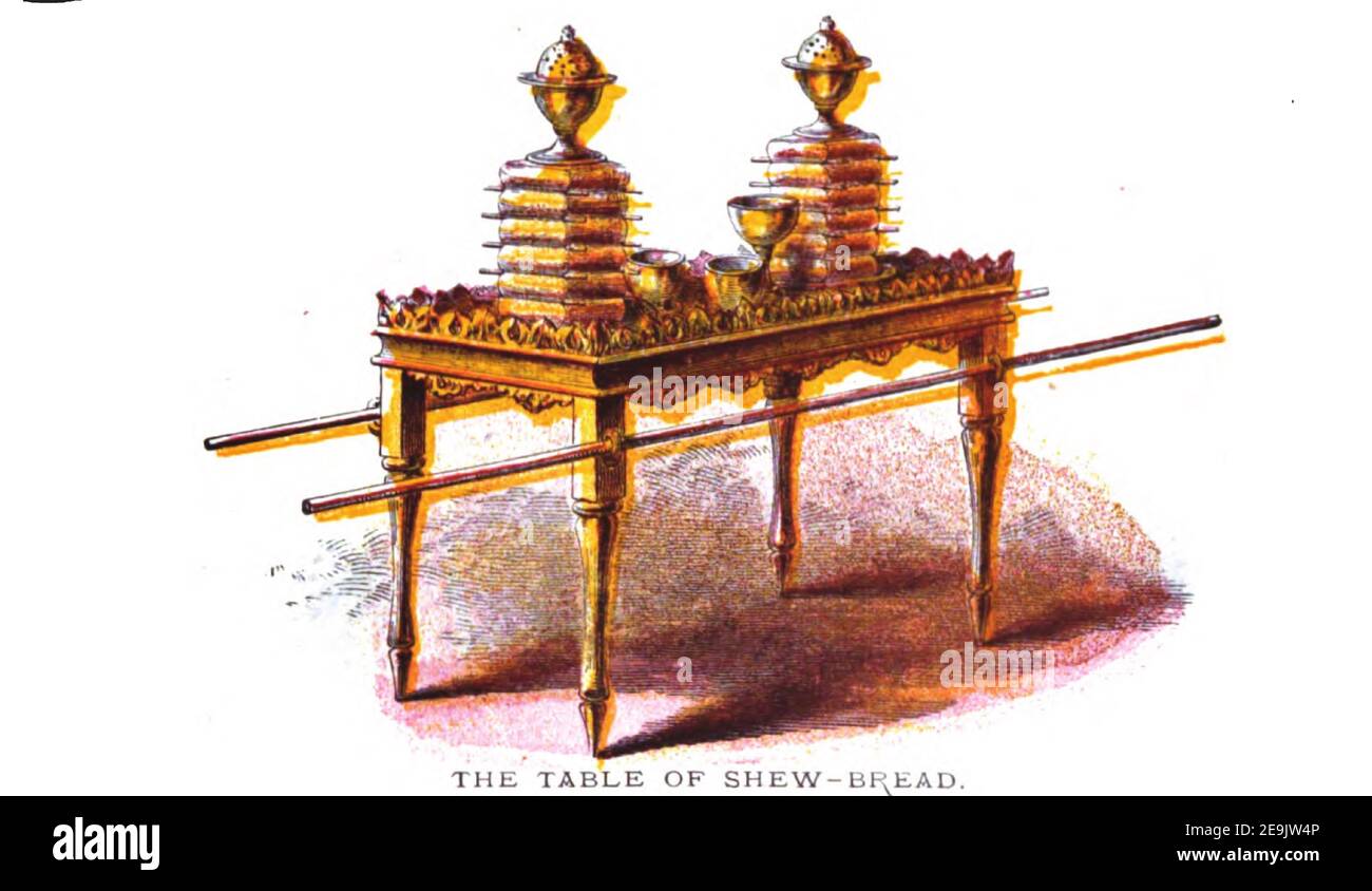 The Table of Shew-bread [Showbread or Shewbread] From the book ' Pictorial Description Of The Tabernacle in the Wilderness: Its Rites and Ceremonies ' A detailed description and pictorial guide of the Tabernacle as described in the Old Testament book of Exodus in the Bible, containing many colored illustrated pictures. by John Dilworth. Published by The Sunday School Union, London in 1878 Stock Photo