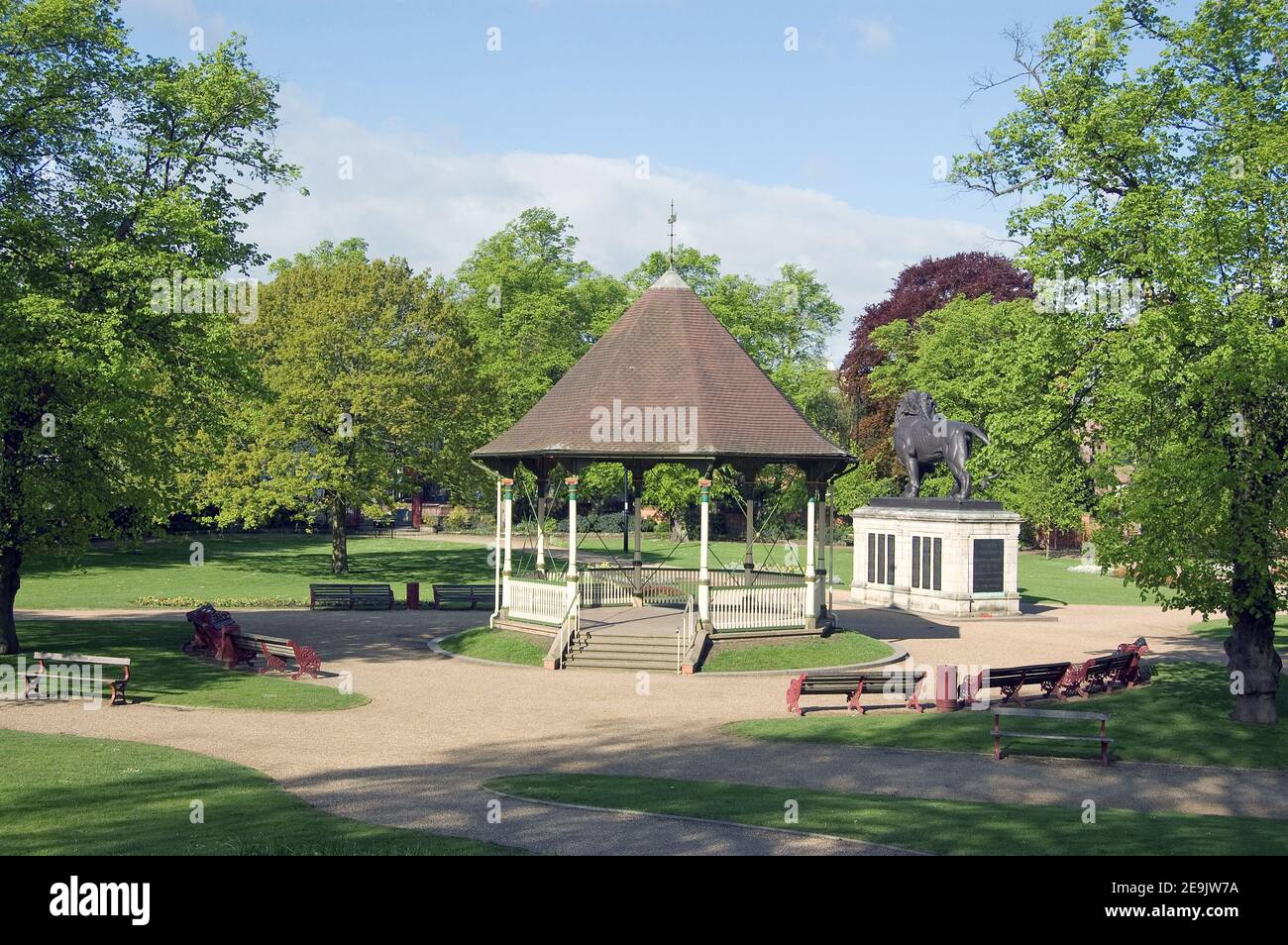 View of Forbury Gardens in the centre of Reading, Berkshire. Developed in the Victorian era, the band stand dates from 1896 and the lion monument to t Stock Photo