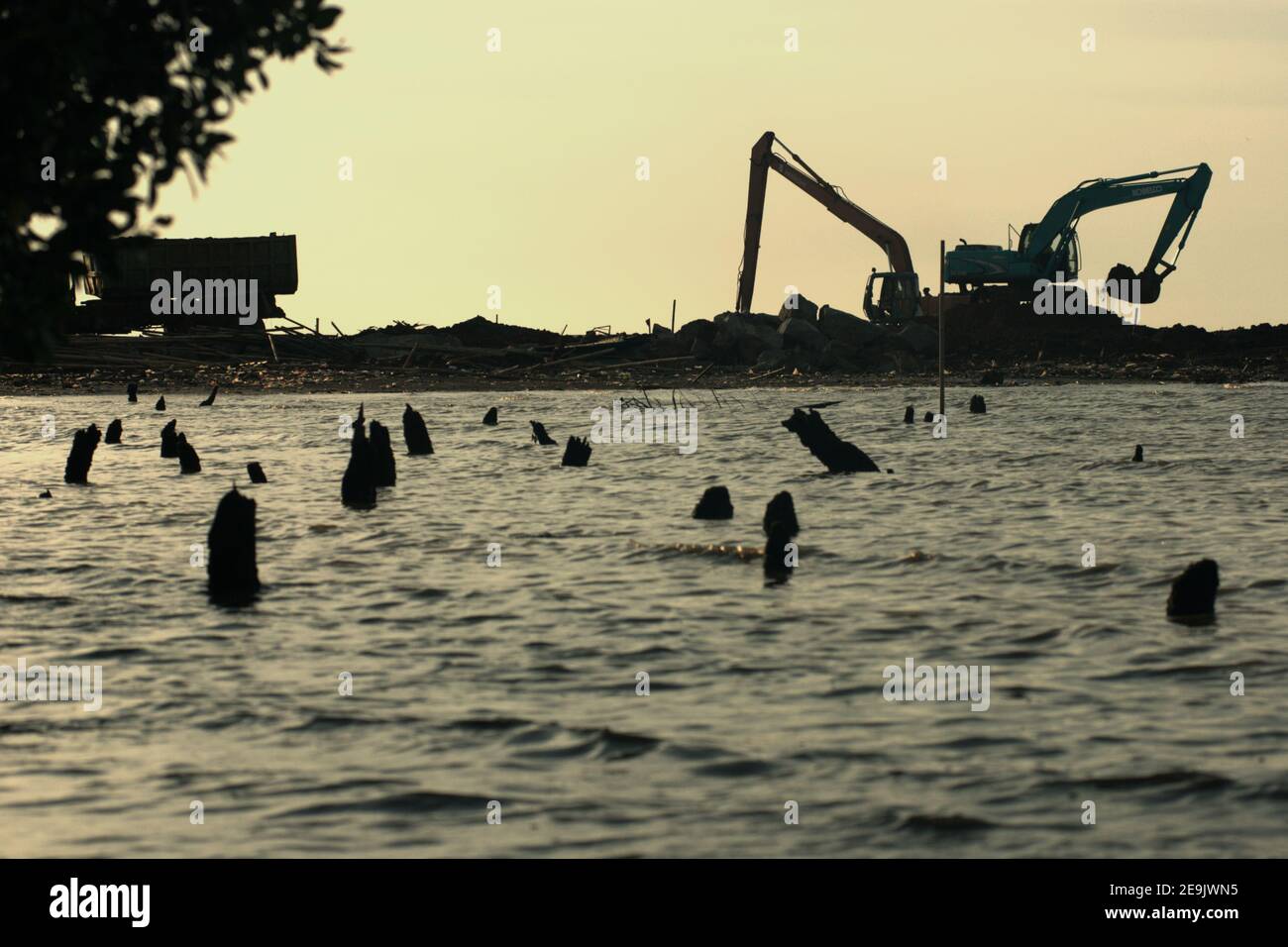 Activity of land reclamation and landscaping in Pantai Indah Kapuk, Jakarta, Indonesia. Stock Photo