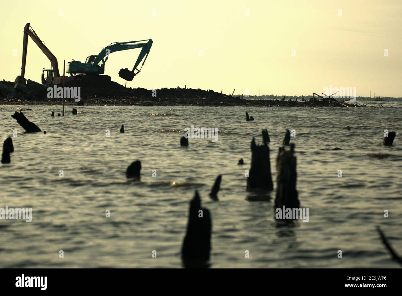 Activity of land reclamation and landscaping in Pantai Indah Kapuk, Jakarta, Indonesia. Stock Photo