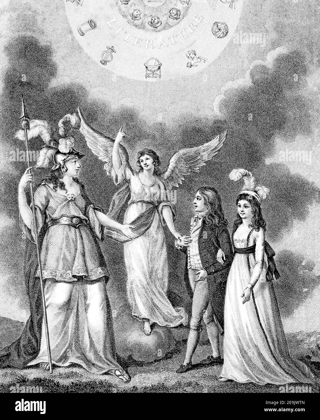 The Genius of Literature Presenting her Pupils to Minerva [Goddess of wisdom; counterpart of Greek Athena] Frontispiece From the Encyclopaedia Londinensis or, Universal dictionary of arts, sciences, and literature; Volume I;  Edited by Wilkes, John. Published in London in 1810 Stock Photo