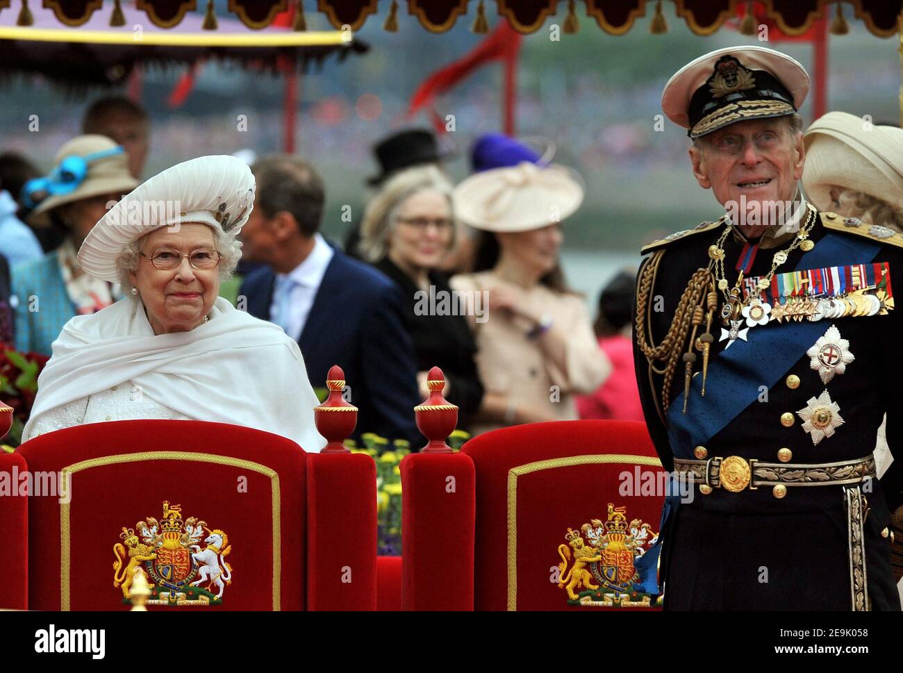 File photo dated 03/06/12 of Queen Elizabeth II and Duke of Edinburgh onboard the Spirit of Chartwell during the Diamond Jubilee Pageant on the River Thames in London. Plans are already being set in motion to mark the monarch's Platinum Jubilee. Issue date: Friday February 5, 2021. Stock Photo