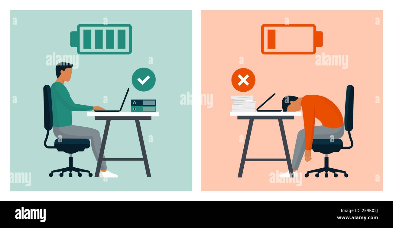 Work efficiency and professional burnout: productive businessman in the office vs exhausted worker comparison Stock Vector
