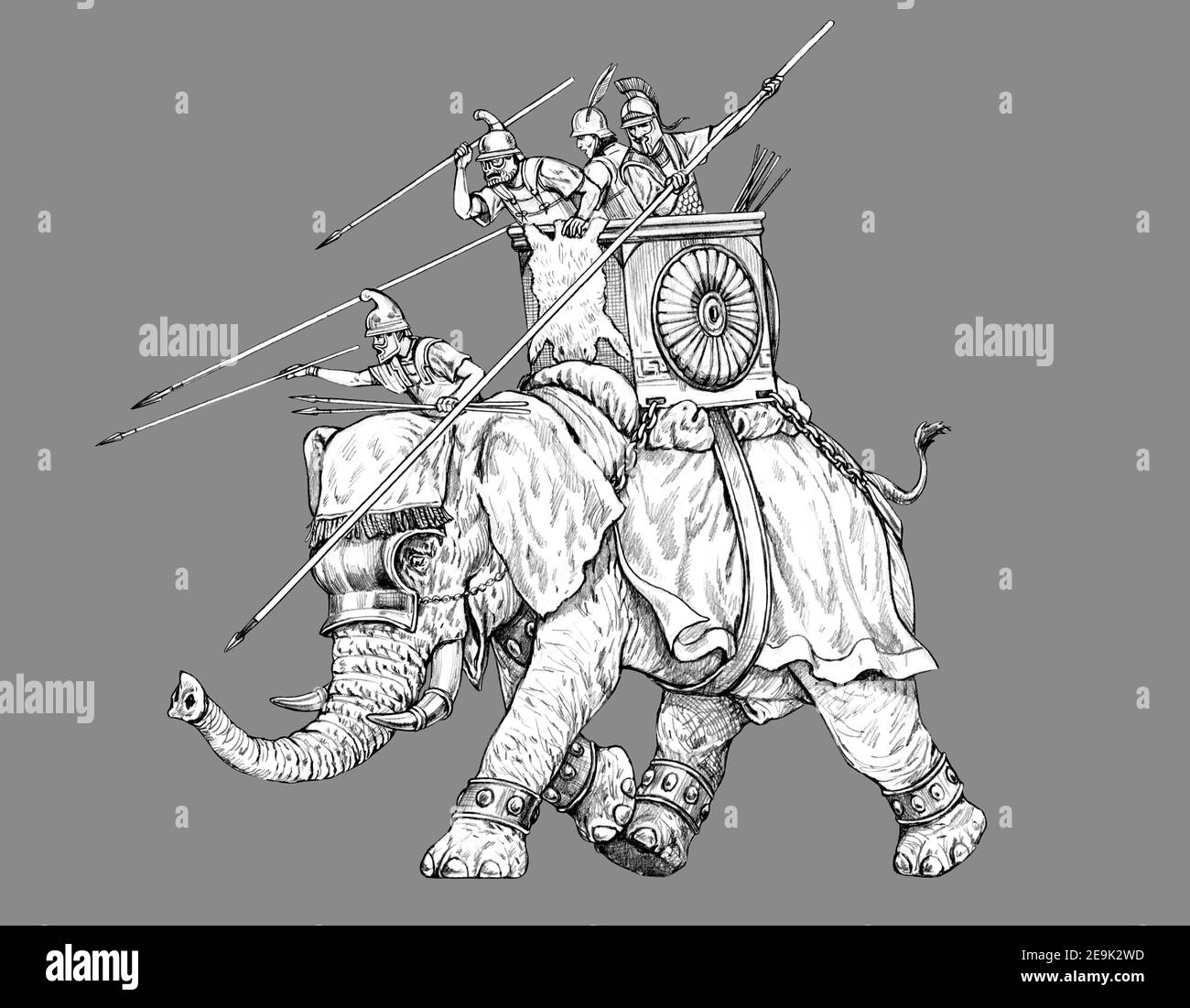 War elephant attack, army of Carthage. Pencil drawing. Stock Photo