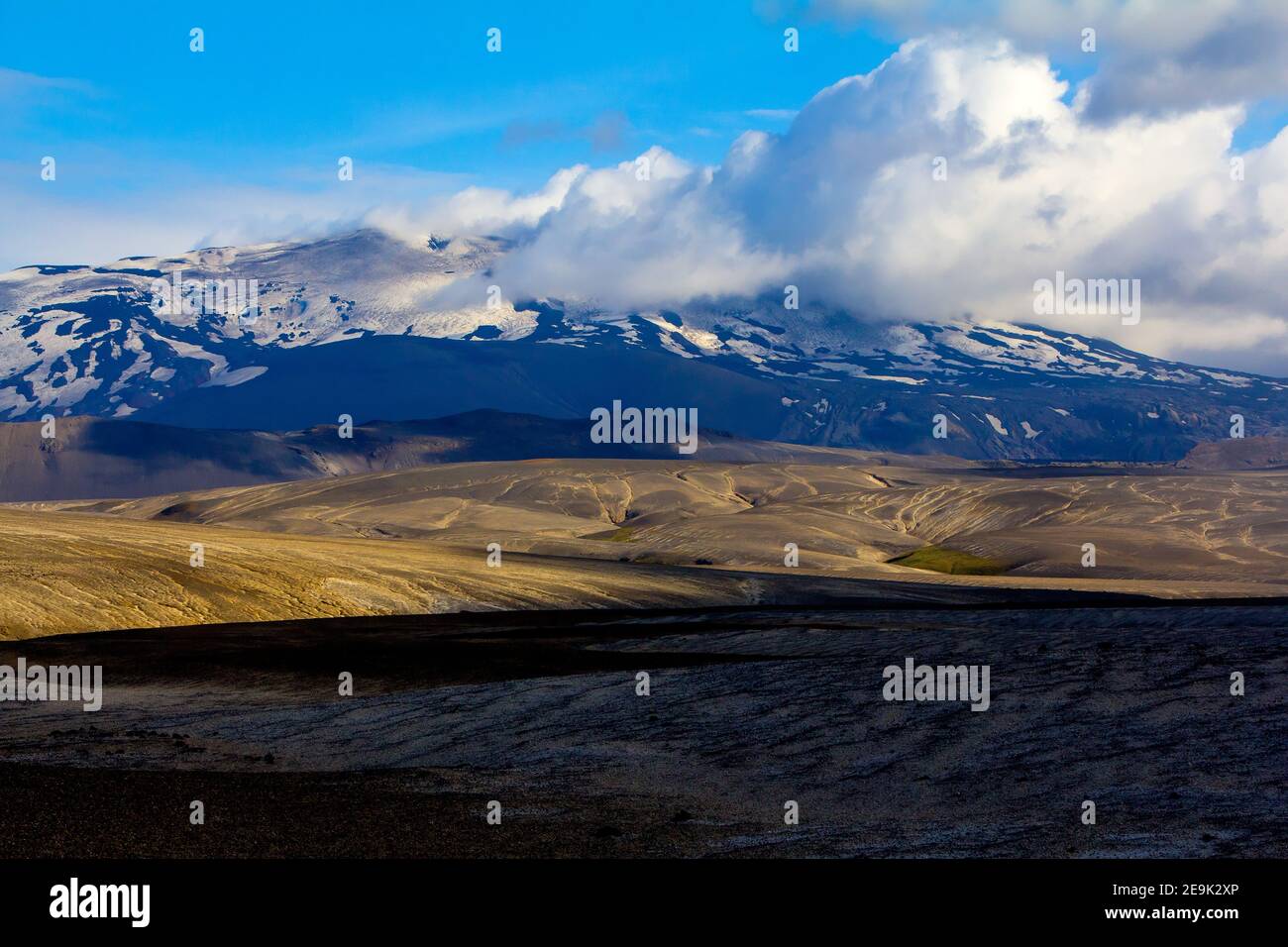 Panoramic view of Hekla is a stratovolcano located in the south of Iceland. 1,491 metres (4,892 ft) heigh. Stock Photo