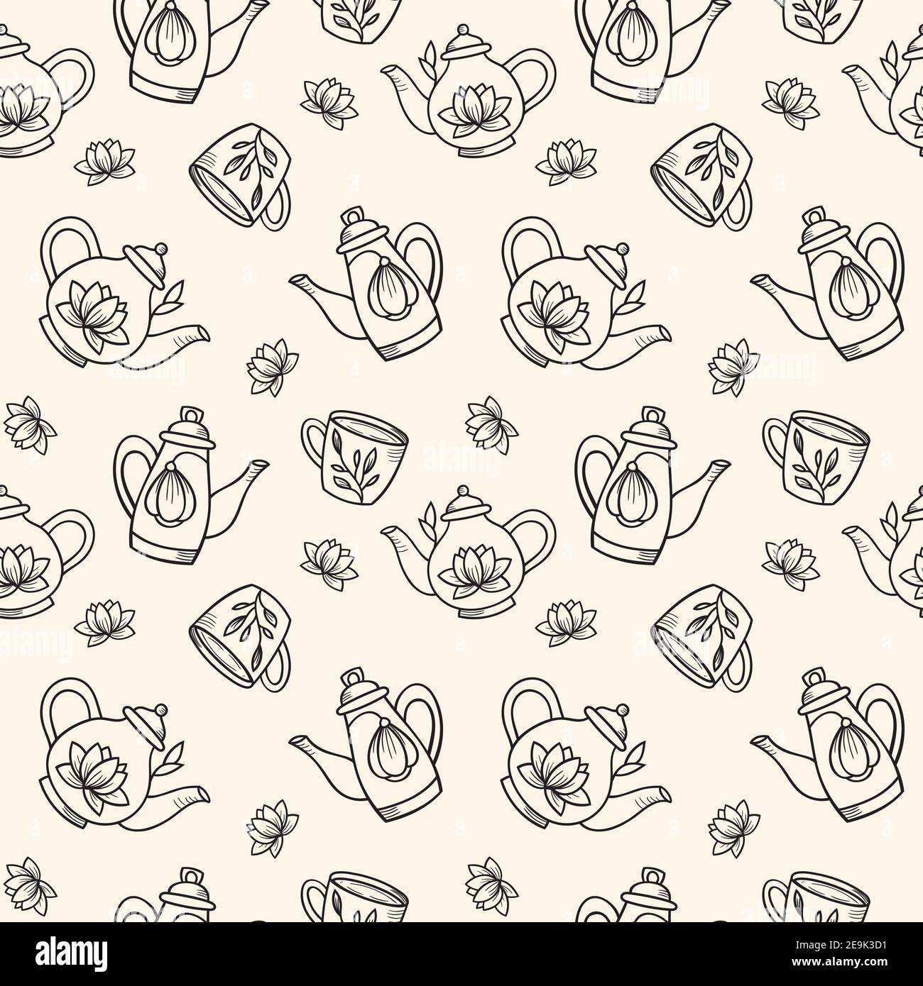Teapot seamless repeat pattern, vector background, teapot and cups ...