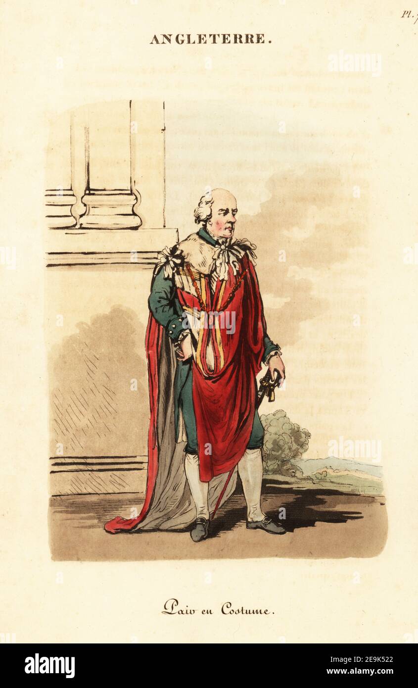 British peer of the realm in ceremonial dress, 1800s. A member of the House of Lords in costume for a coronation, opening of Parliament, etc. Pair de la Grande-Bretagne en Costume. Handcoloured copperplate engraving after an illustration by William Alexander from J-B. Eyries’ L'Angleterre ou Costumes, Moeurs et Usages des Anglais, England: Costumes, Manners and Mores of the English, Librairie de Gide Fils, Paris, 1821. Jean-Baptiste Eyries (1767-1846) was a French geographer, author and translator. Stock Photo