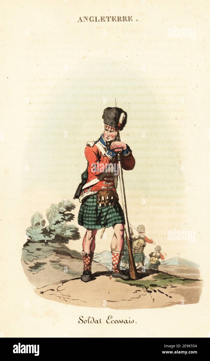 Private of the 42nd Highland Regiment, 1800s. He wears a bearskin hat, scarlet coat, sporan, tartan kilt, check stockings, and holds a flintlock musket. Scottish soldier, Soldat Ecossais. Handcoloured copperplate engraving after an illustration by William Alexander from J-B. Eyries’ L'Angleterre ou Costumes, Moeurs et Usages des Anglais, England: Costumes, Manners and Mores of the English, Librairie de Gide Fils, Paris, 1821. Jean-Baptiste Eyries (1767-1846) was a French geographer, author and translator. Stock Photo