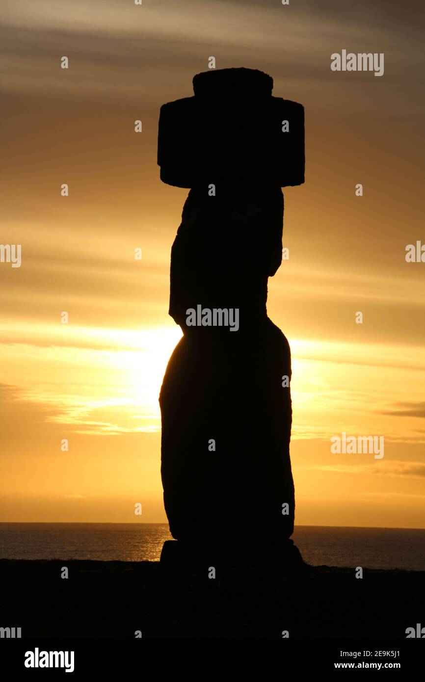 Sunset on Easter Island, with the Moai Ahu Ko Te Riku in the foreground Stock Photo