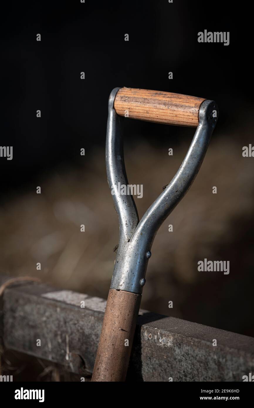 Wooden handle of a tool on a farm against a metal gate in a hay barn in the Netherlands Stock Photo