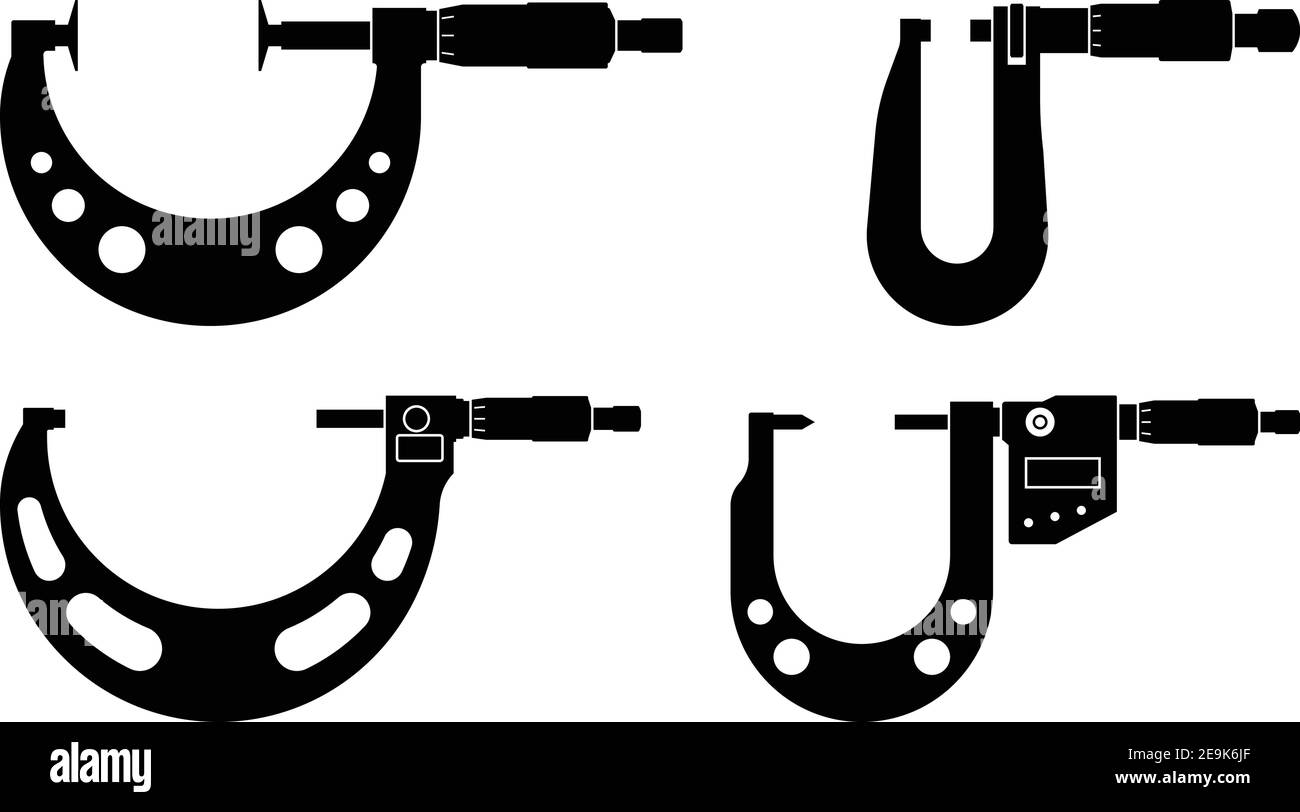 Set of micrometer icons. Measuring tools. Silhouette vector Stock