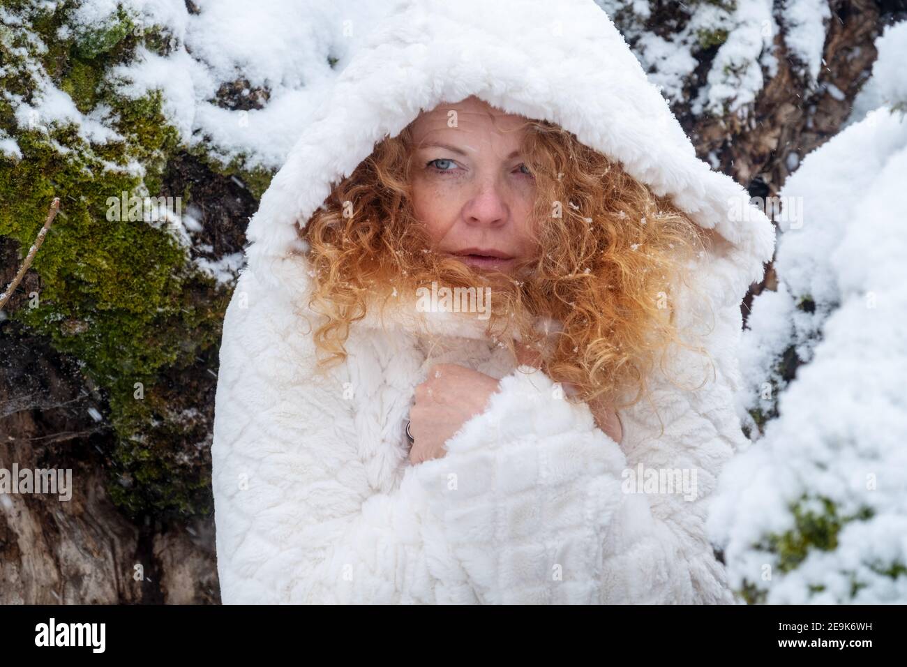 Portrait of redhead mature woman in her fifties with red curly hair with white hooded coat freezes in the snowy winter landscape Stock Photo