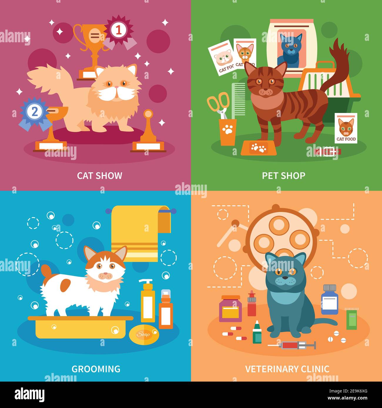 Cats design concept set with pet grooming and veterinary clinic flat icons isolated vector illustration Stock Vector