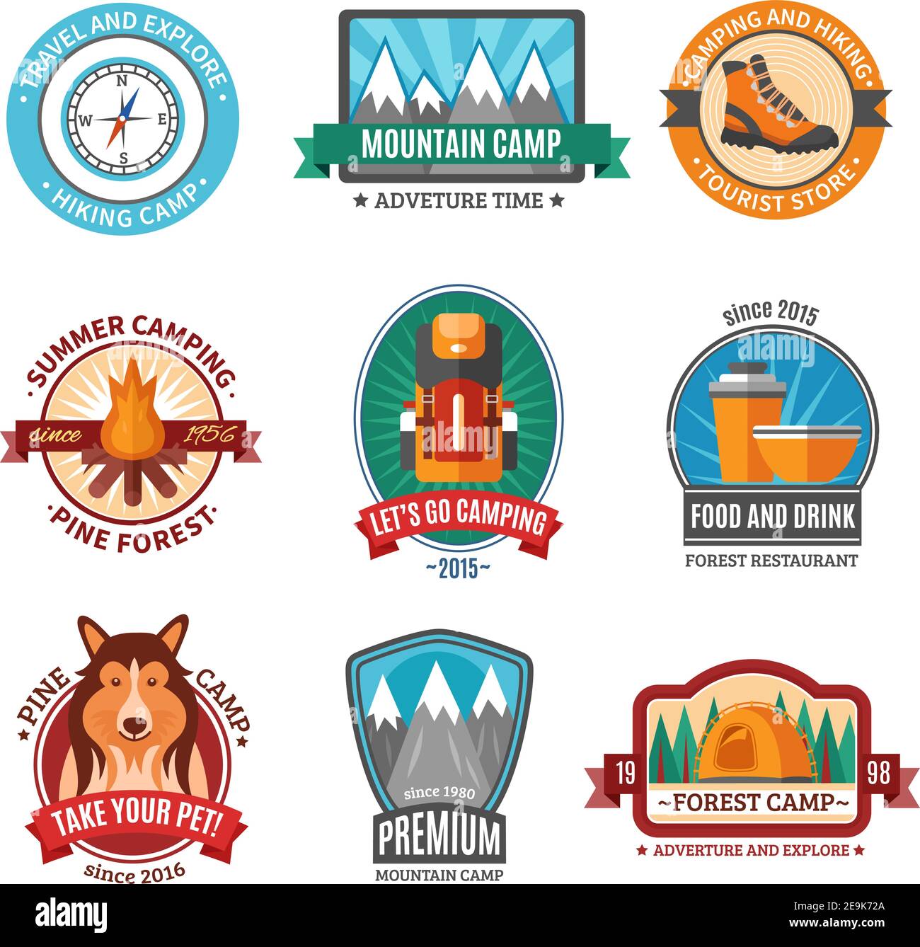 Hiking emblem set with flat mountain camp symbols isolated vector ...