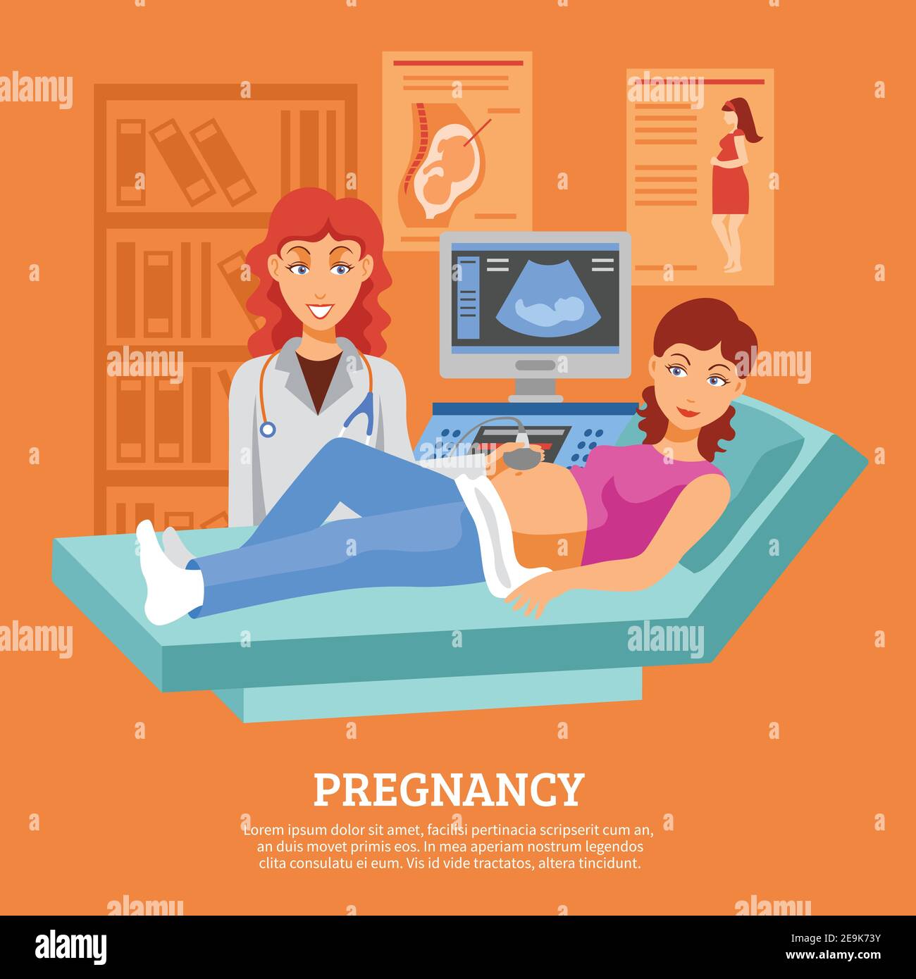 Poster with pregnant woman laying on the couch during the ultrasound