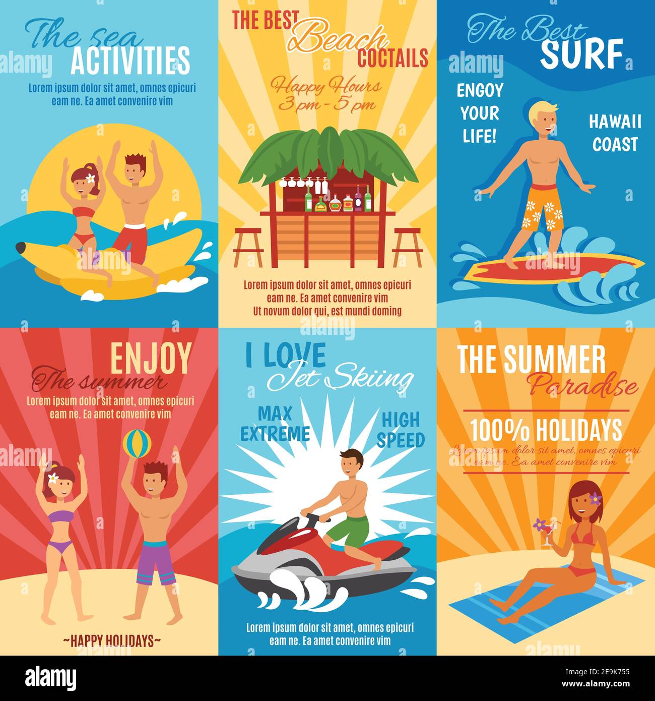 Summer beach vacation mini poster set with sport and leisure activities isolated vector