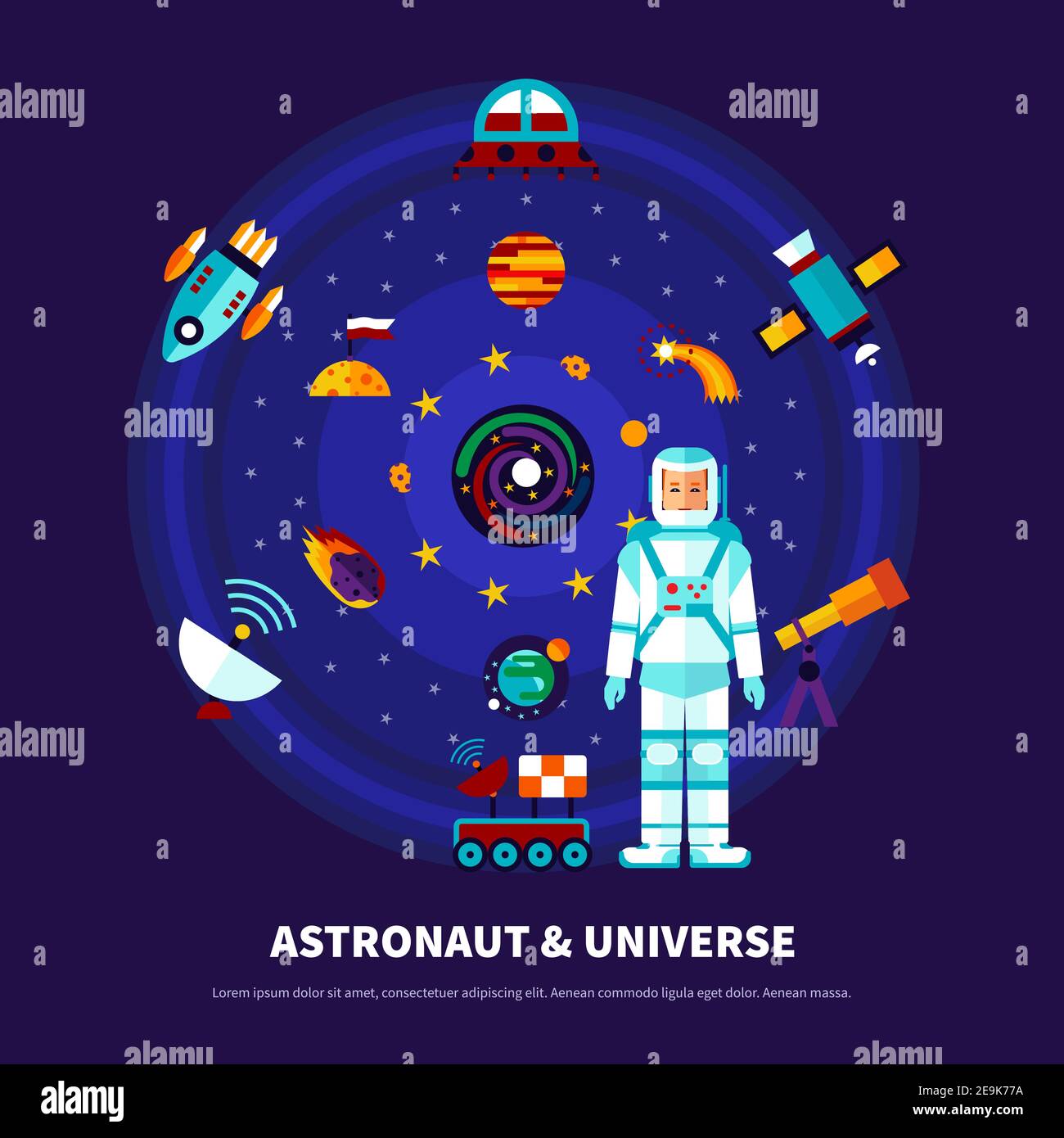 Astronaut and universe set with different space objects on blue background vector illustration Stock Vector