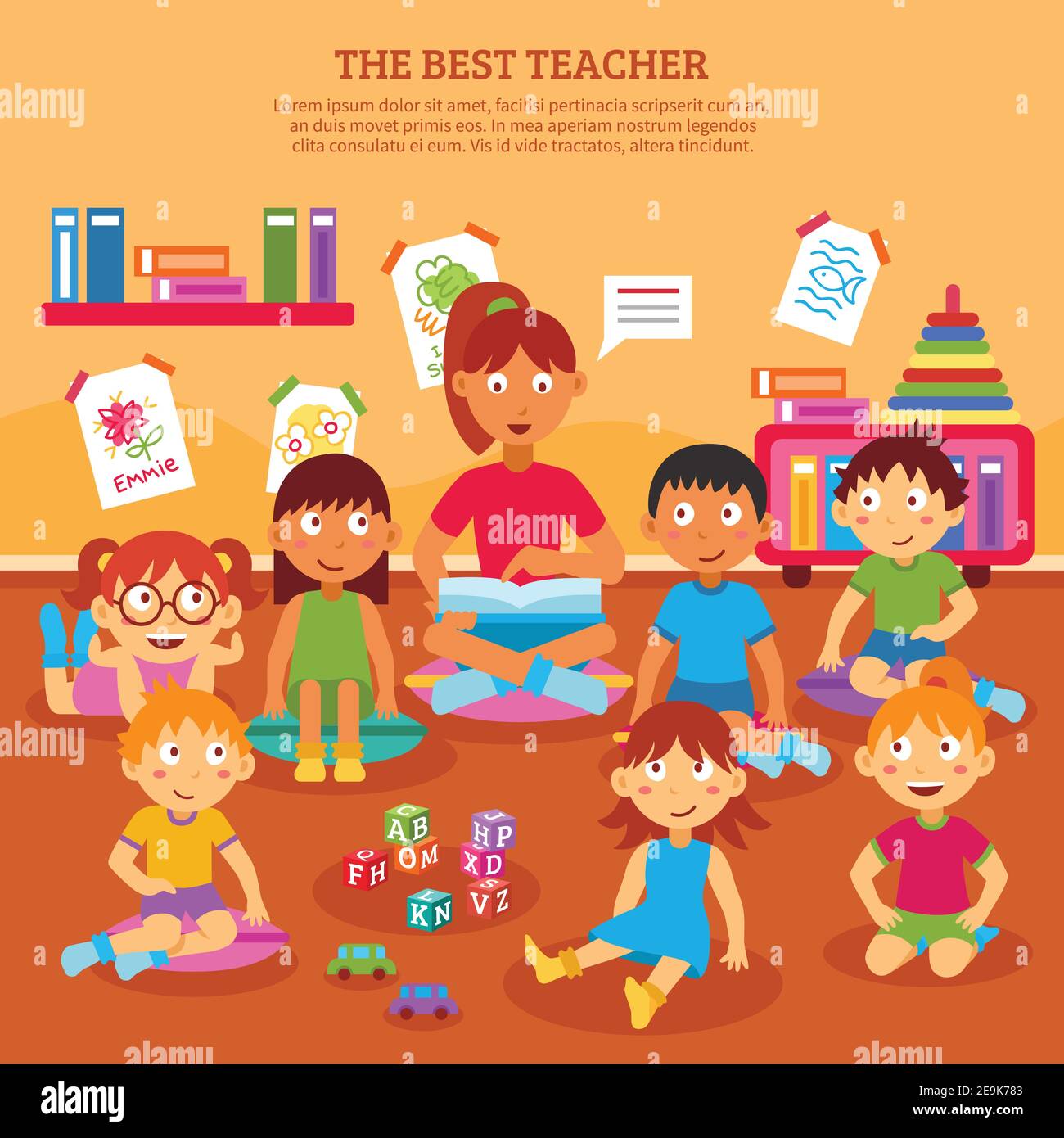 Young kindergarten teacher reading to class of kids in the classroom vector illustration Stock