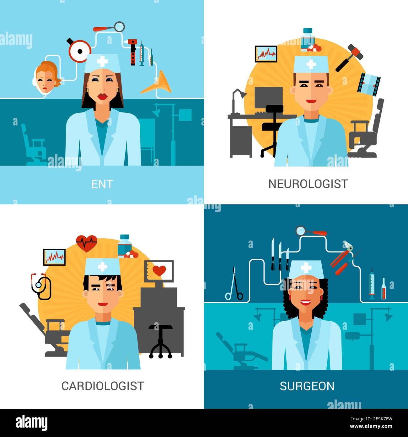 Specialist doctors concept set with avatar of ent surgeon cardiologist ...
