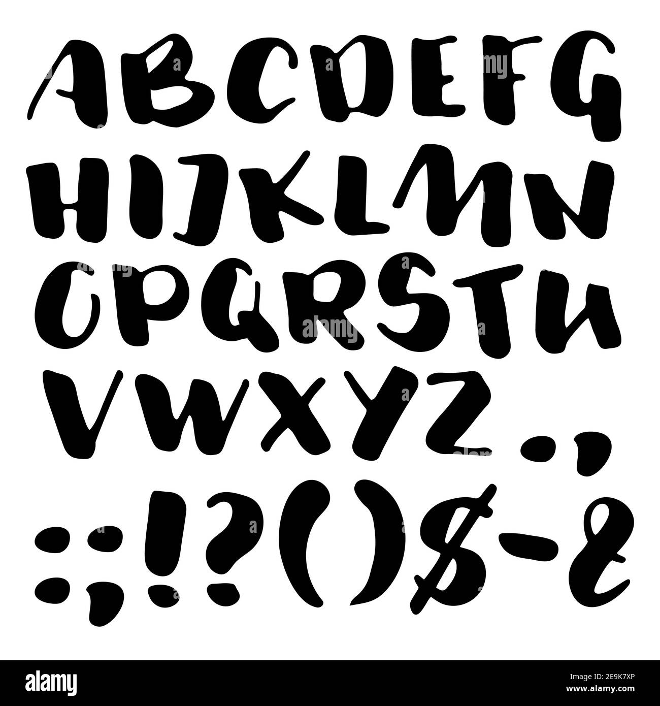 Bold brush pen script, capital English letters and punctuation signs