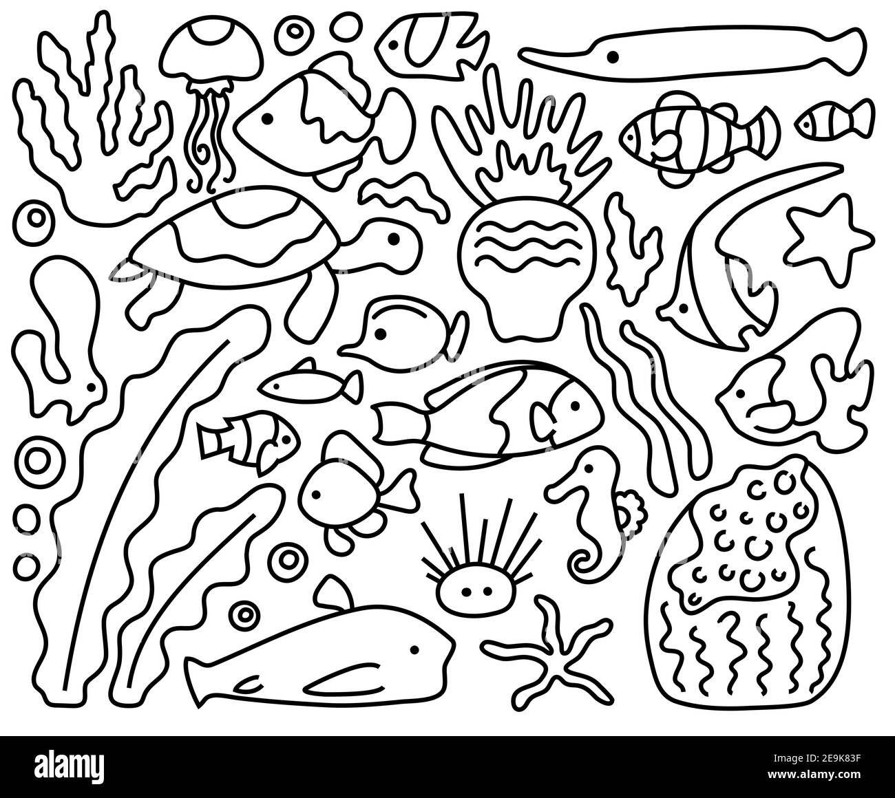 Underwater Animal And Coral Reef Fishes Line Art Vector Illustration On White Background Tropical Fish And Coral Plant Coloring Page For Children Ki Stock Vector Image Art Alamy