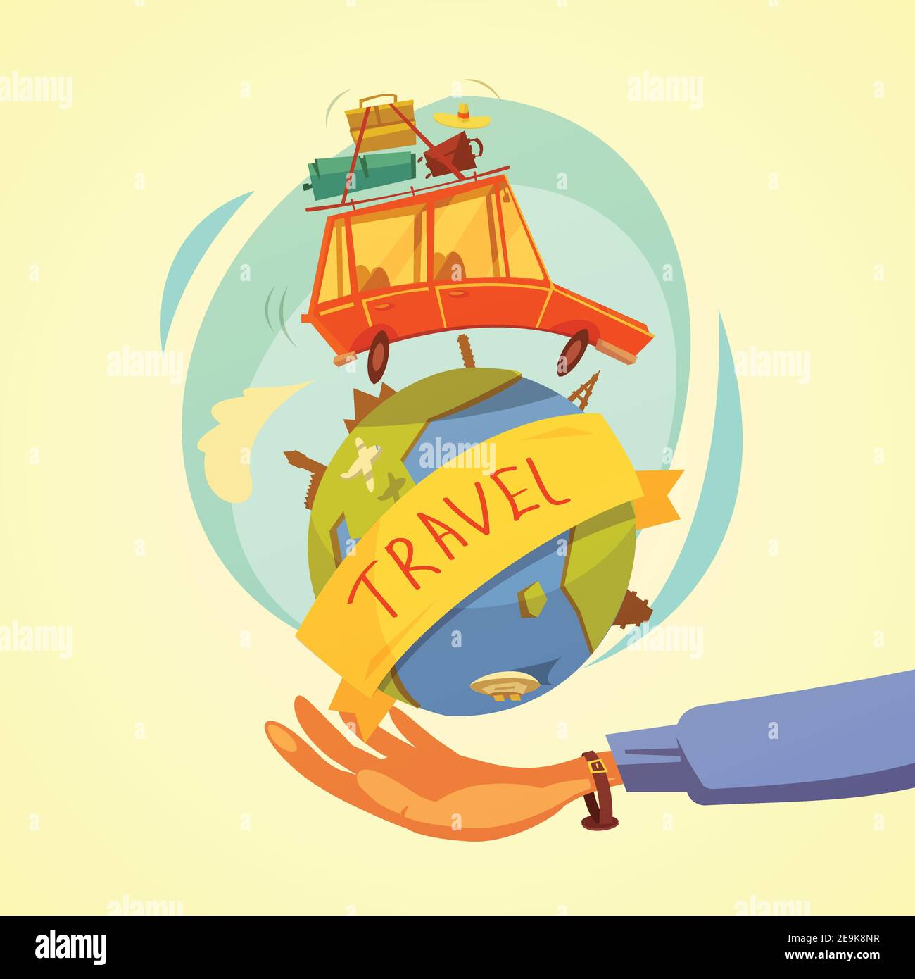 Travel and tourism cartoon concept with hand globe and car on yellow ...