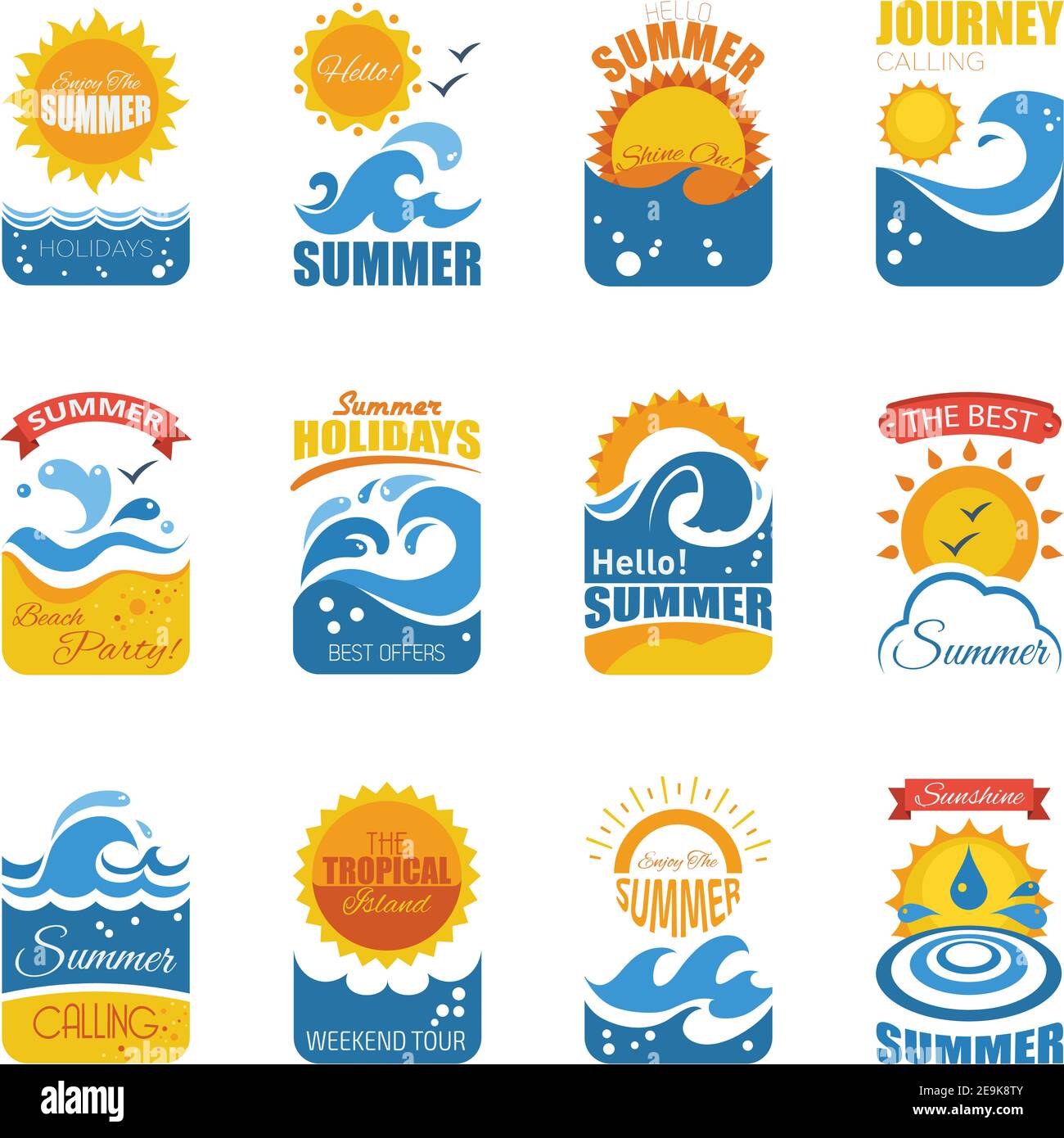 Summer label set with waves sandy beach  and sun disk flat vector illustration Stock Vector