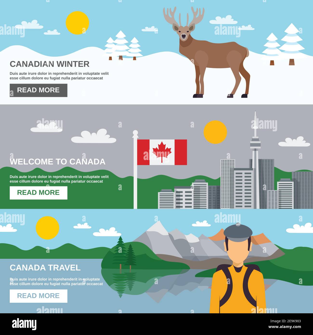 Canada travel horizontal banners set with winter forest architecture hiking among mountains and lakes isolated vector illustration Stock Vector