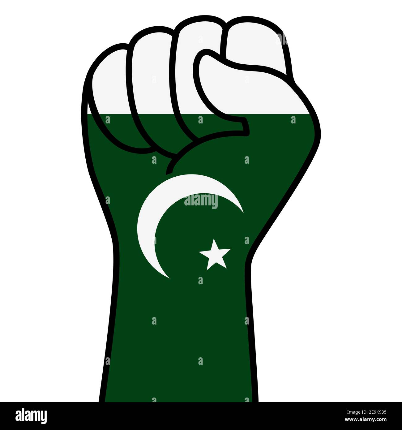 Raised fist pakistan flag. Pakistani hand. Fist shape pakistan flag color. Patriotic demonstration, rebel, protest, fighting for human rights, freedom Stock Vector