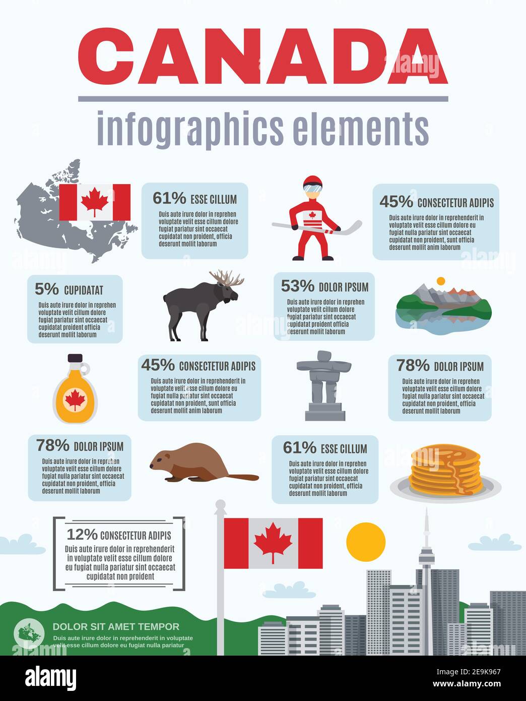Canada infographics elements with statistics related to national symbols of country vector illustration Stock Vector