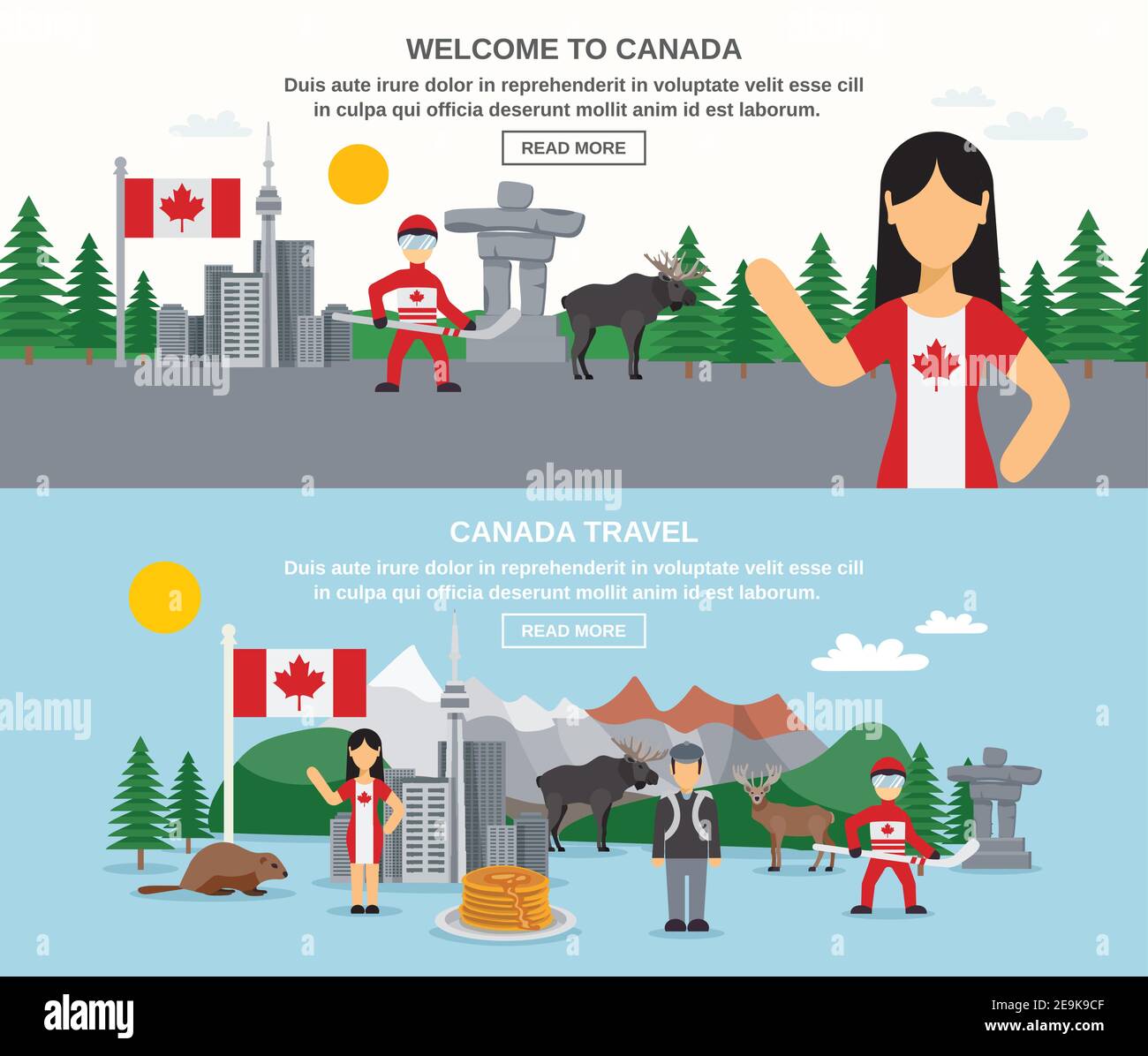 Welcome to canada banners with hockey animals food buildings and landscape isolated vector illustration Stock Vector