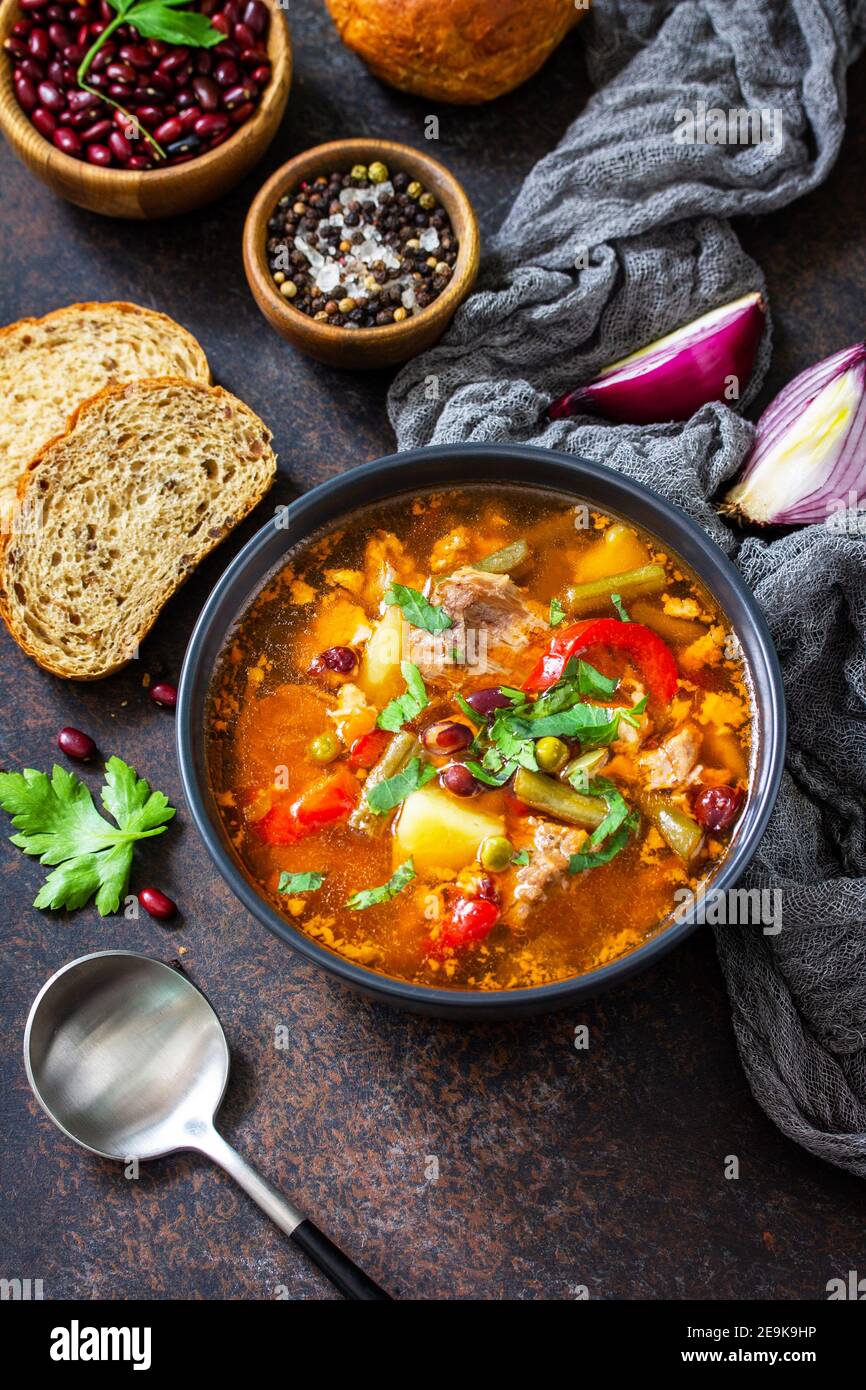 Homemade Meat Tomato Soup With Beef And Bean Stew Vegetables On A Stone Tabletop Copy Space Stock Photo Alamy