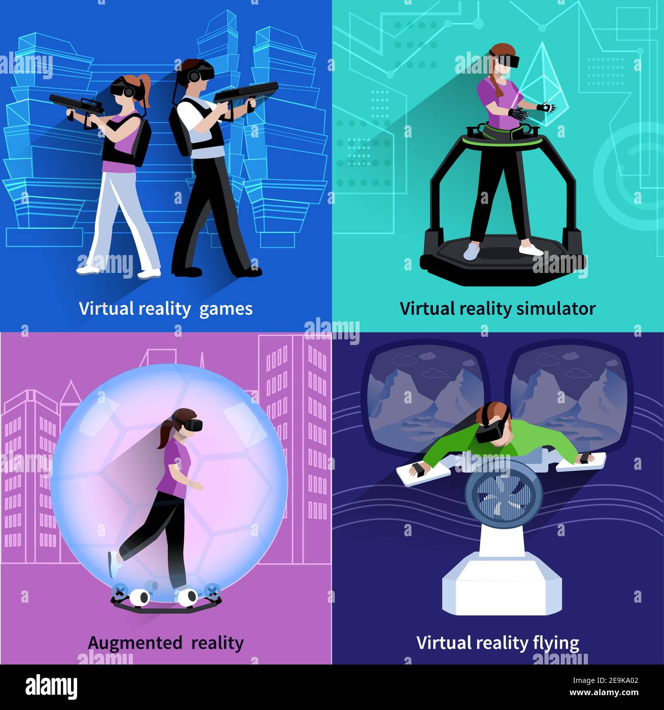 Virtual reality flying simulator 4 flat icons square with games and sport activities abstract isolated vector illustration Stock Vector