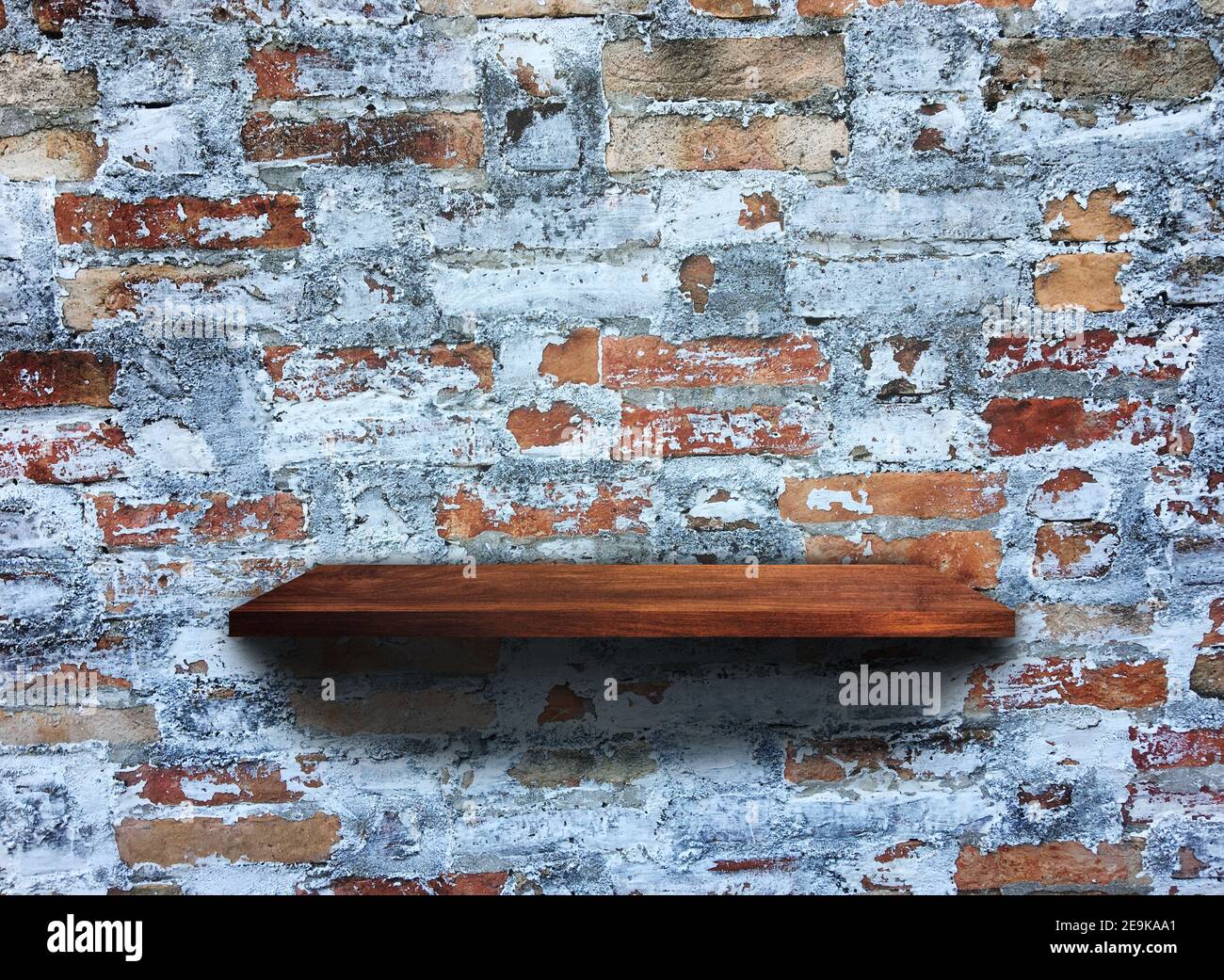 Rustic wooden shelf on grey concrete wall texture background with clipping path. pattern wallpaper Stock Photo