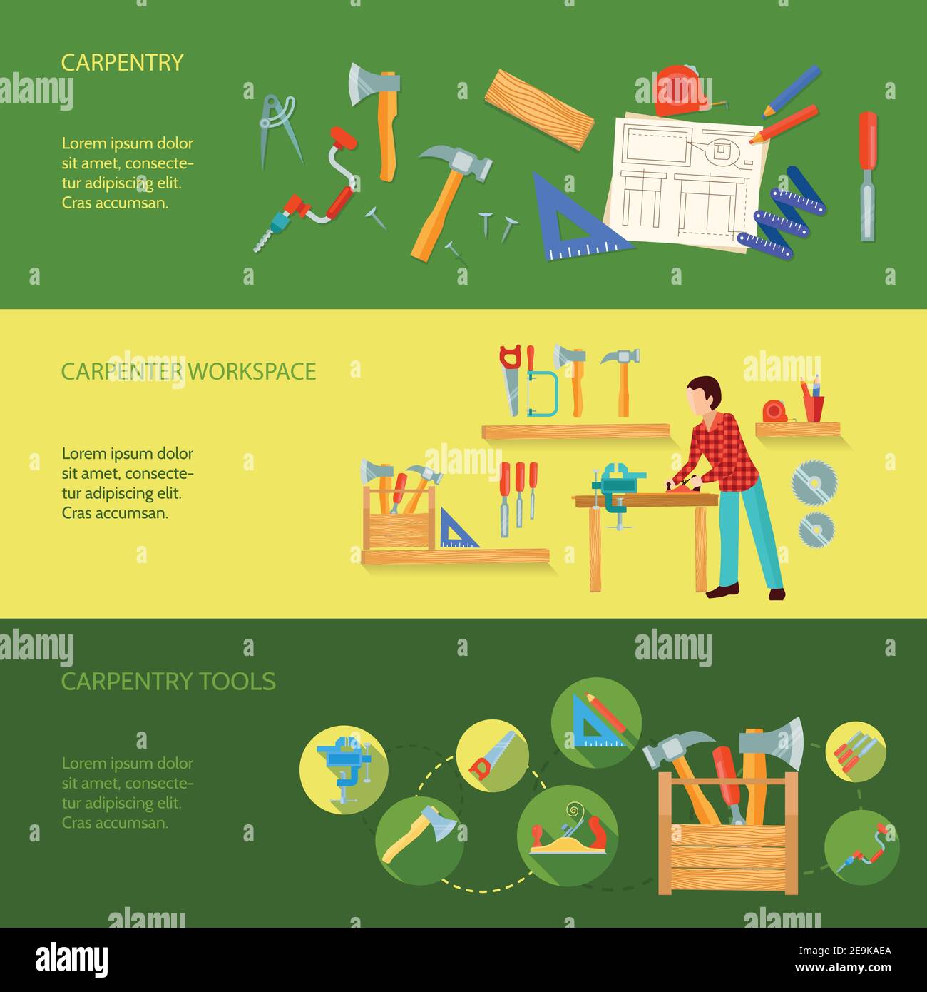 Carpentry tools workspace and activity example concept three horizontal banners vector