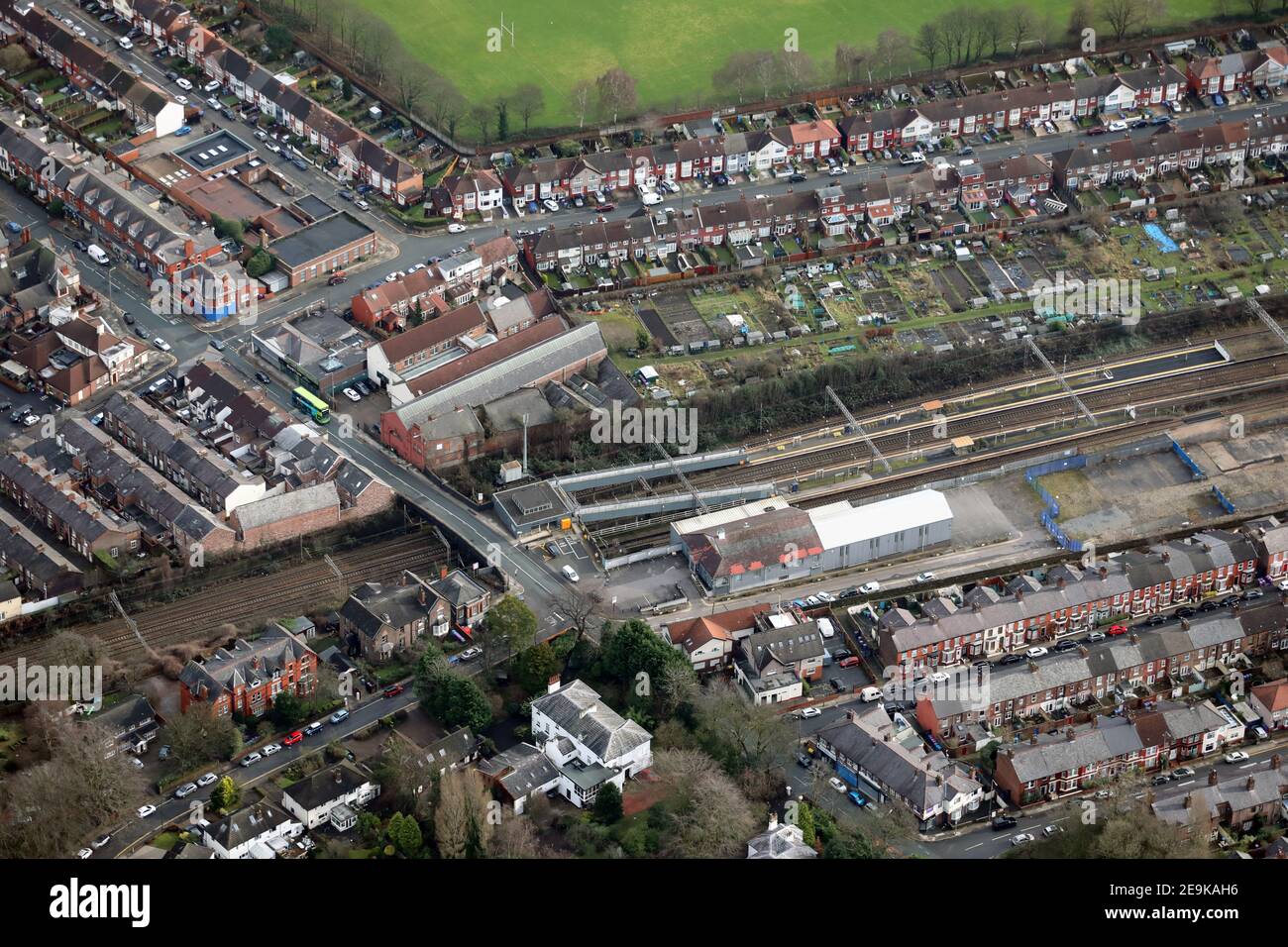 aerial view of Mossley Hill Train station, and Sports Direct fitness