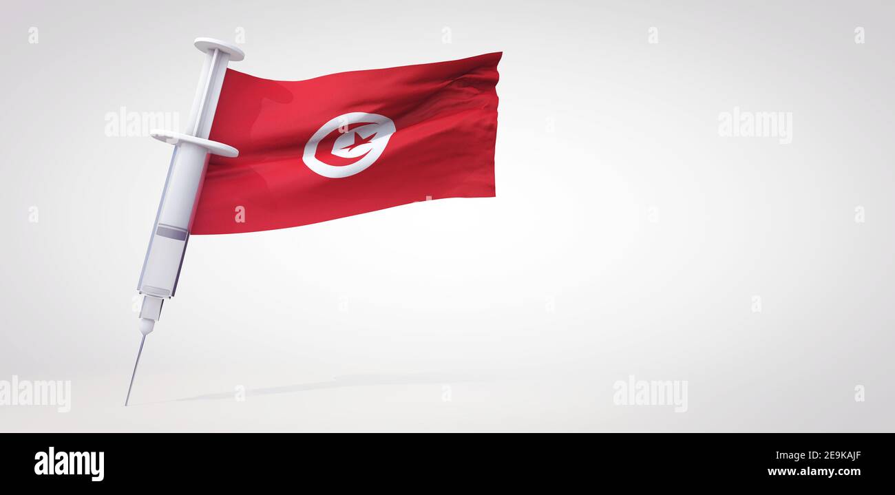 Vaccine immunization syringe with tunisia flag. 3D Rendering Stock Photo