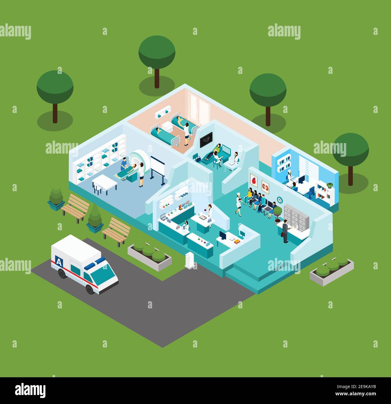 Medical center icons Isometric interior with different rooms medical