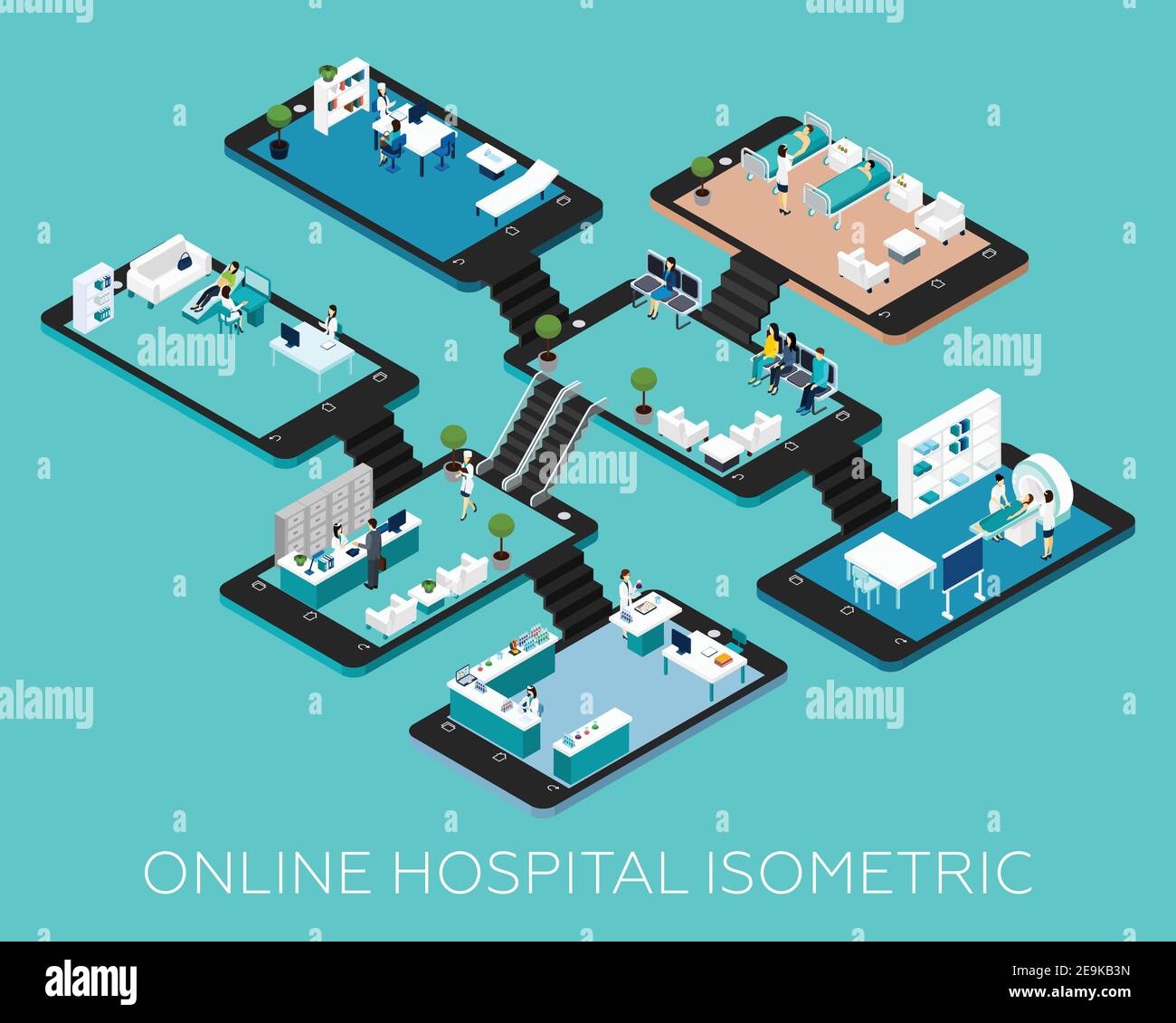 Online hospital isometric conceptual scheme icons with abstract rooms and stuff placed on smartphone bases vector illustration Stock Vector
