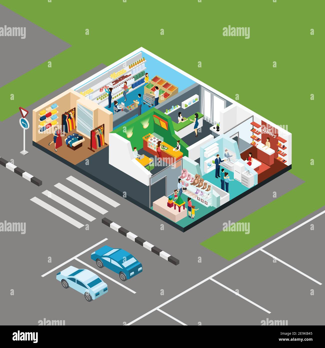 Shopping mall Isometric icons in scheme of one storied shopping center ...