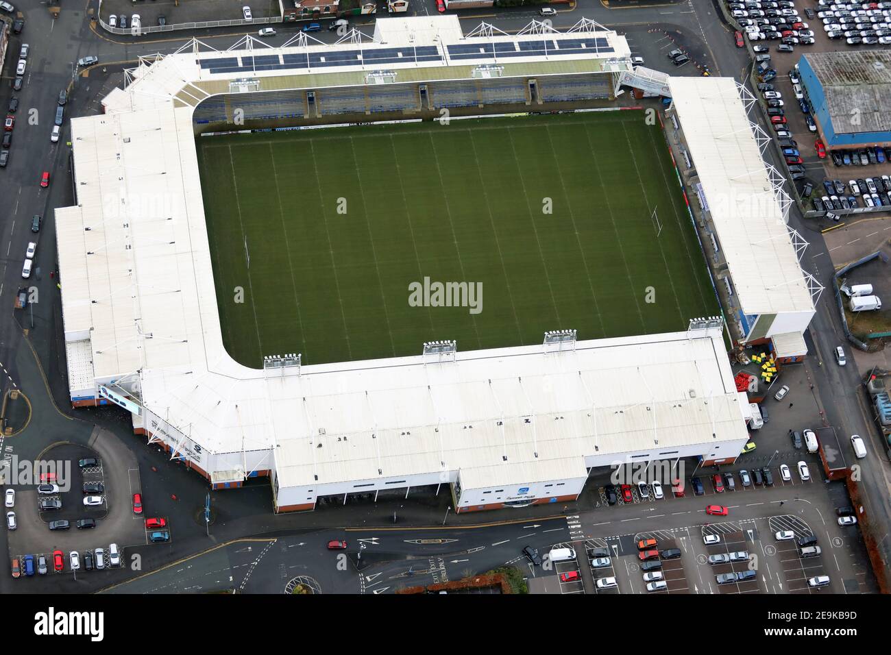 aerial view of The Halliwell Jones Stadium rugby league ground and conference centre. Home to Warrington Wolves Rugby club. Stock Photo