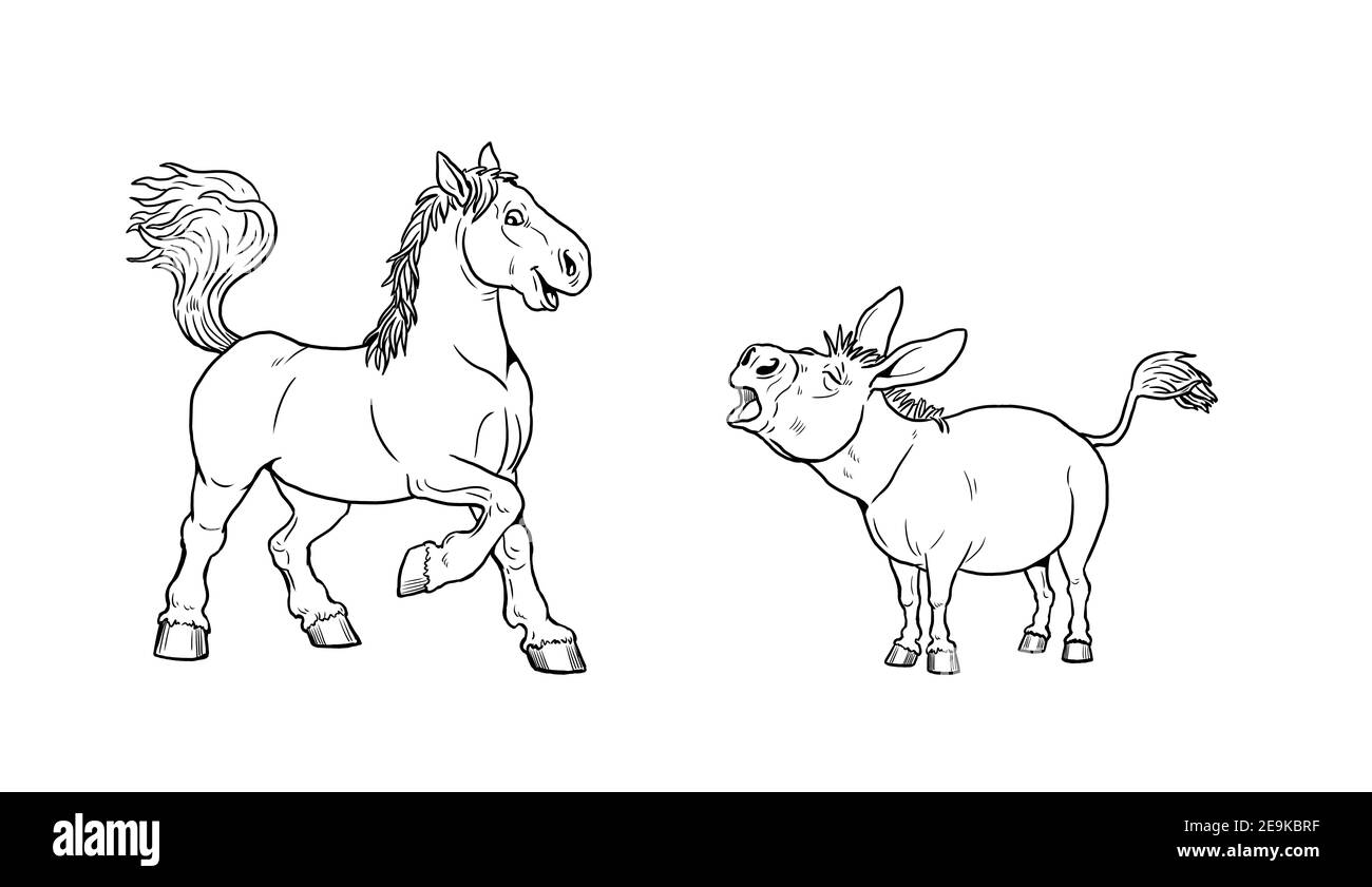 Funny horse and donkey. Funny farm animals. Template for children to