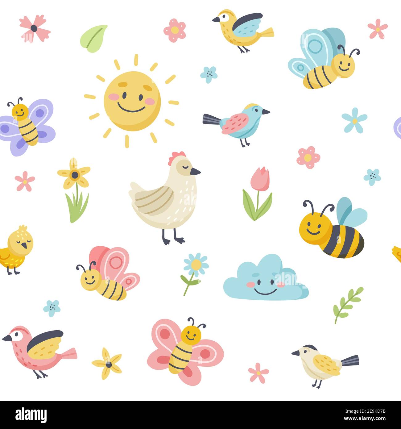 Easter spring pattern with cute birds, bees, butterflies. Hand drawn flat cartoon elements. Vector illustration Stock Vector