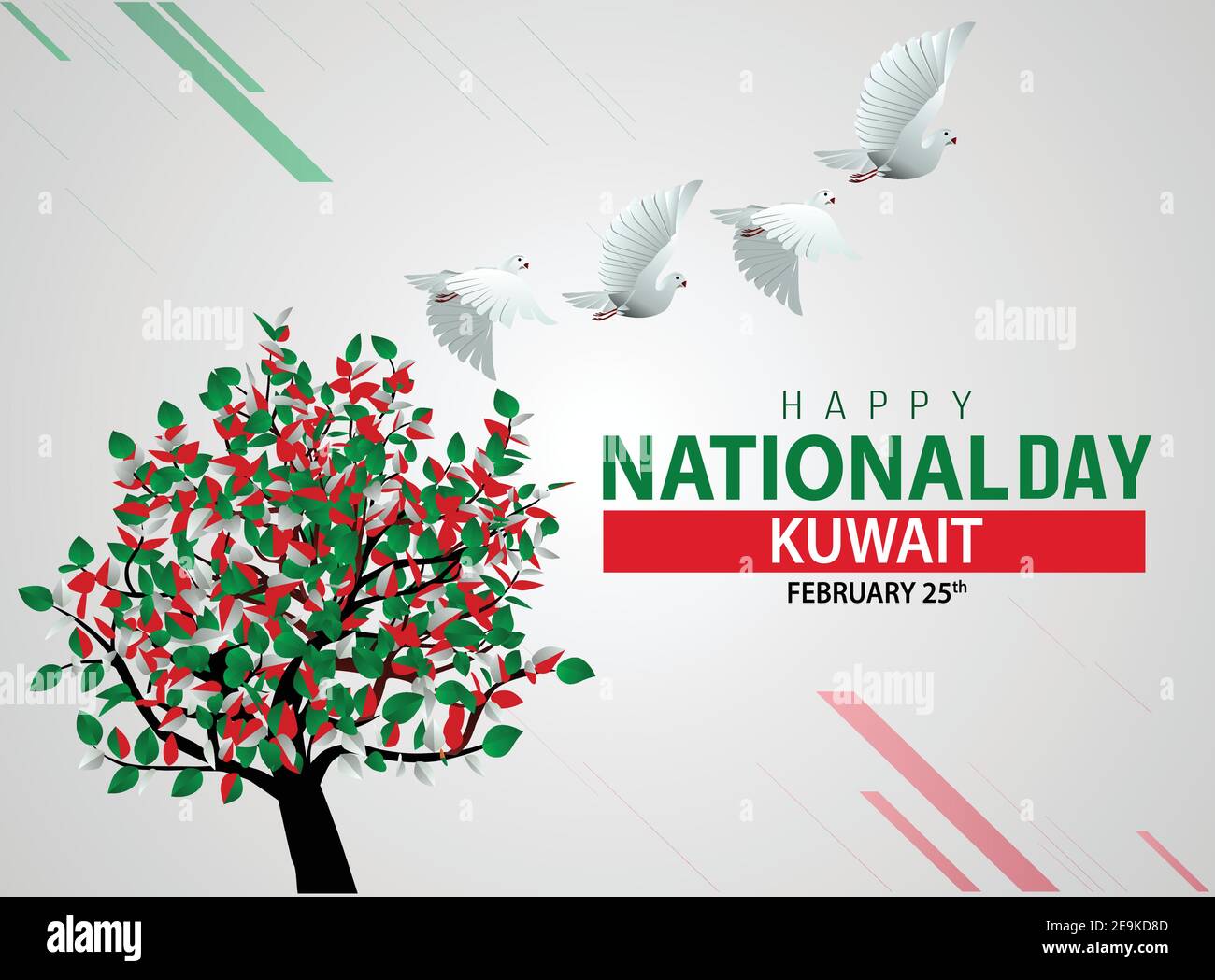 happy national day Kuwait pigeon flying with colorful Kuwait flag tree