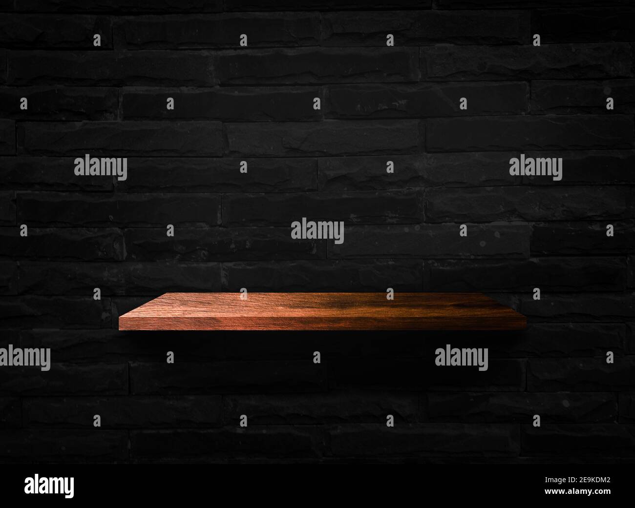 Wooden shelves on black brick wall texture background with clipping