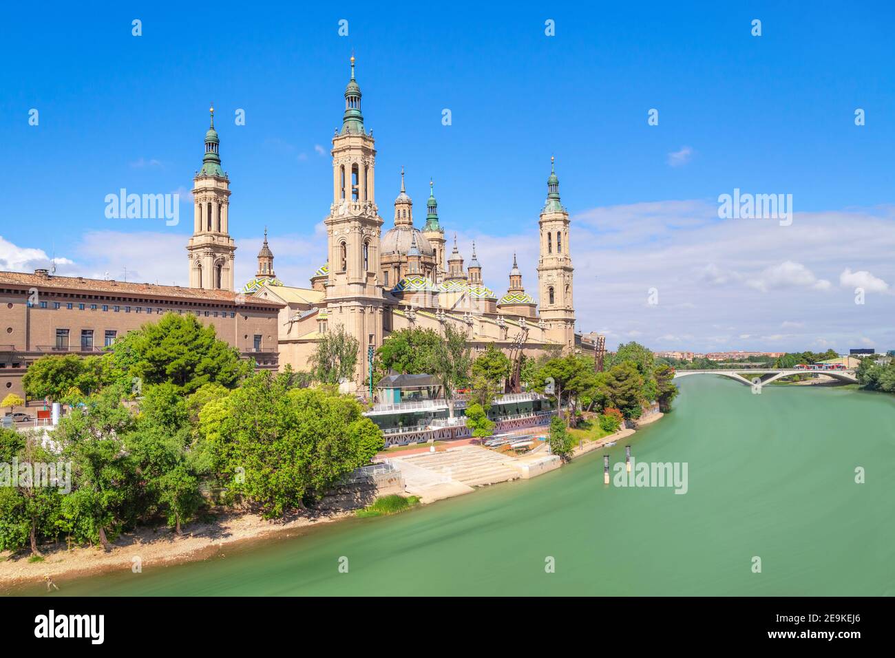Zaragoza, Spain. Cityscape with Basilica de Nuestra Senora del Pilar and Ebro river on sunny day Stock Photo