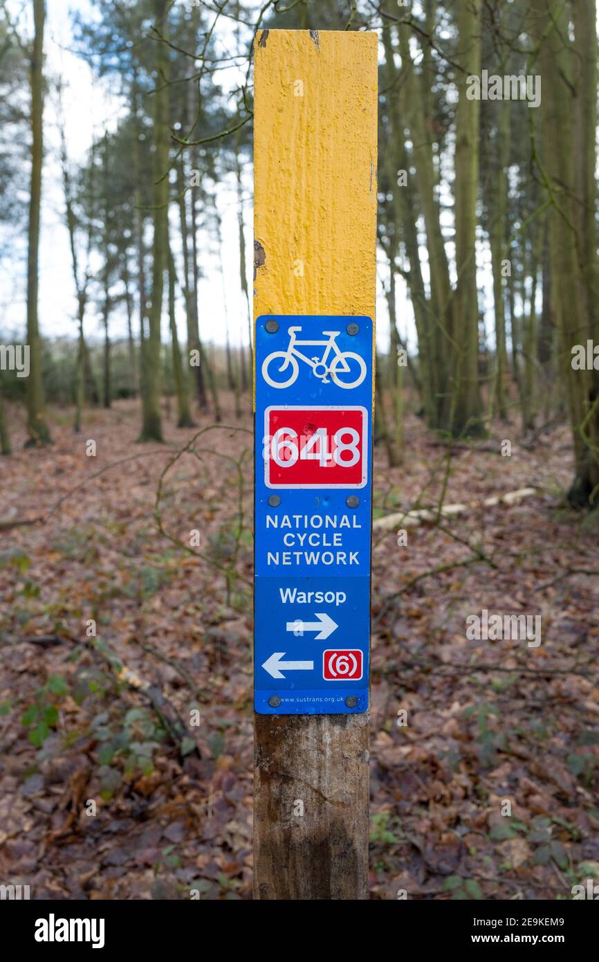 National cycle network route 648 sign in Sherwood Forest. Stock Photo