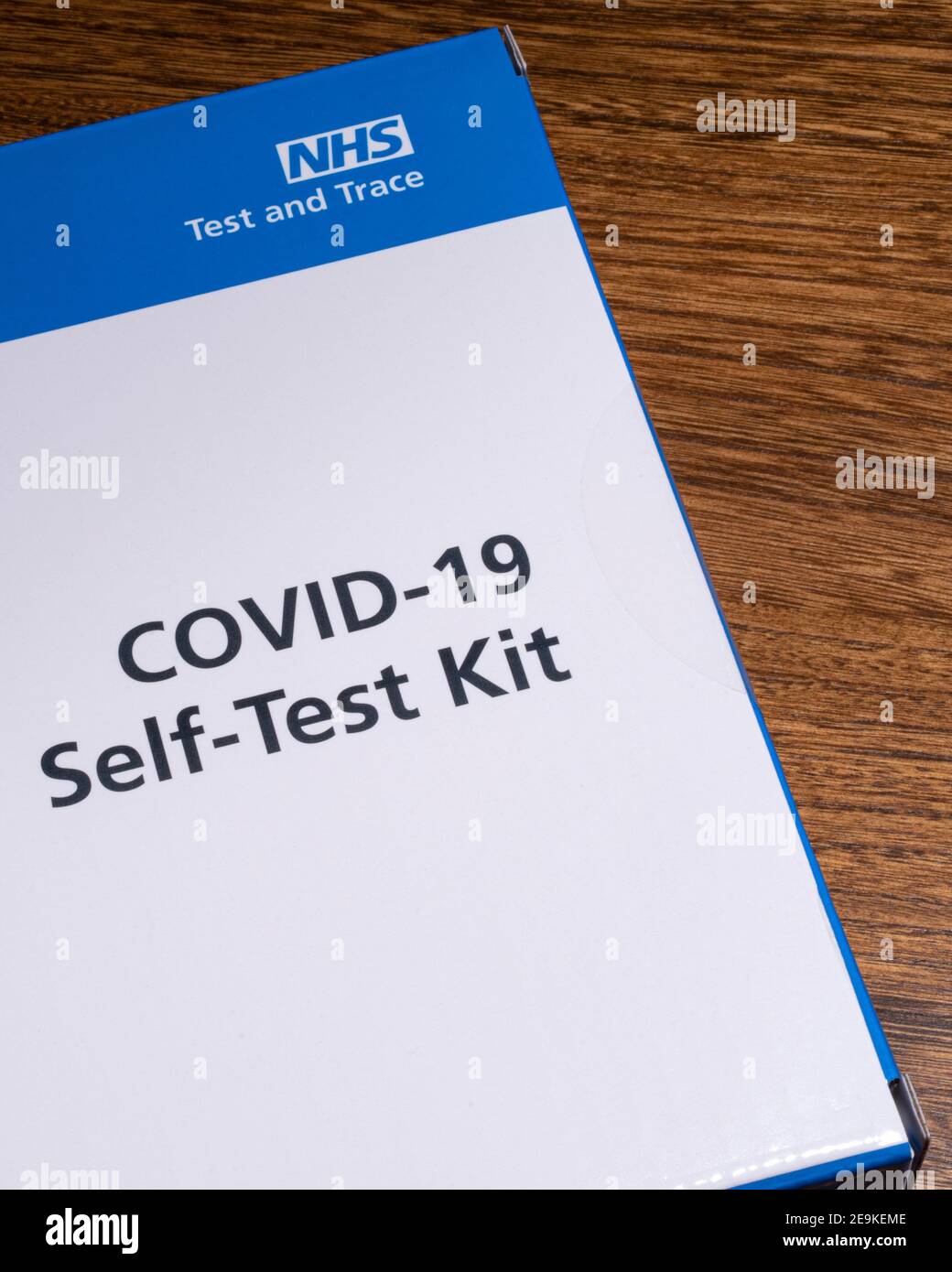 London, UK - January 29th 2021: Close-up of an unopened COVID-19 Self-Test Kit, or Home Testing Kit, issued by the NHS. Stock Photo